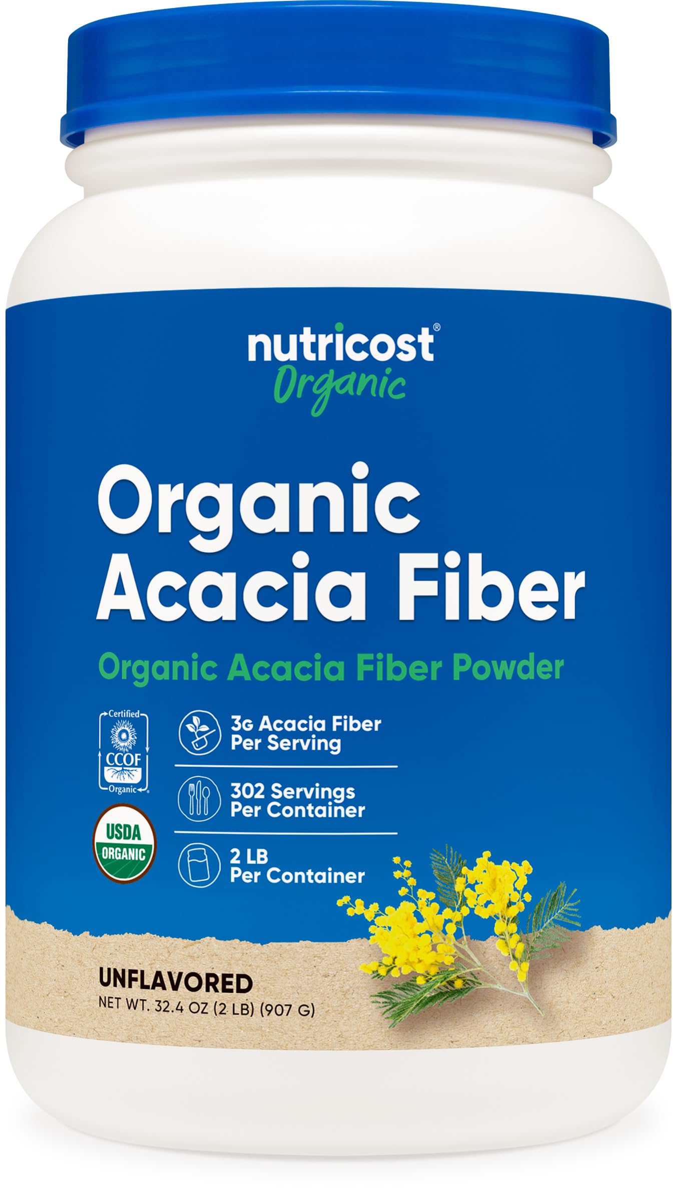 Nutricost fibra de acacia orgánica en botella, aporte suave para la regularidad diaria.