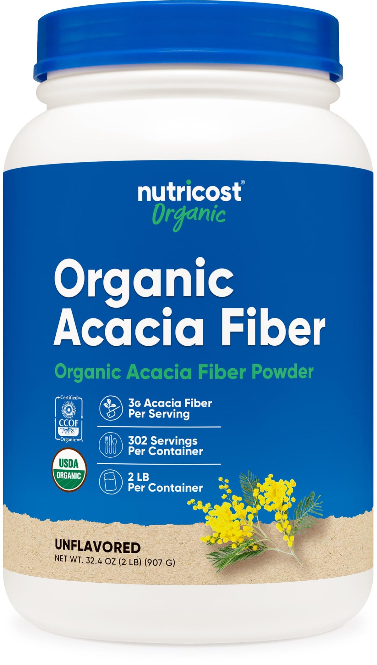 Nutricost fibra de acacia orgánica en botella, aporte suave para la regularidad diaria.