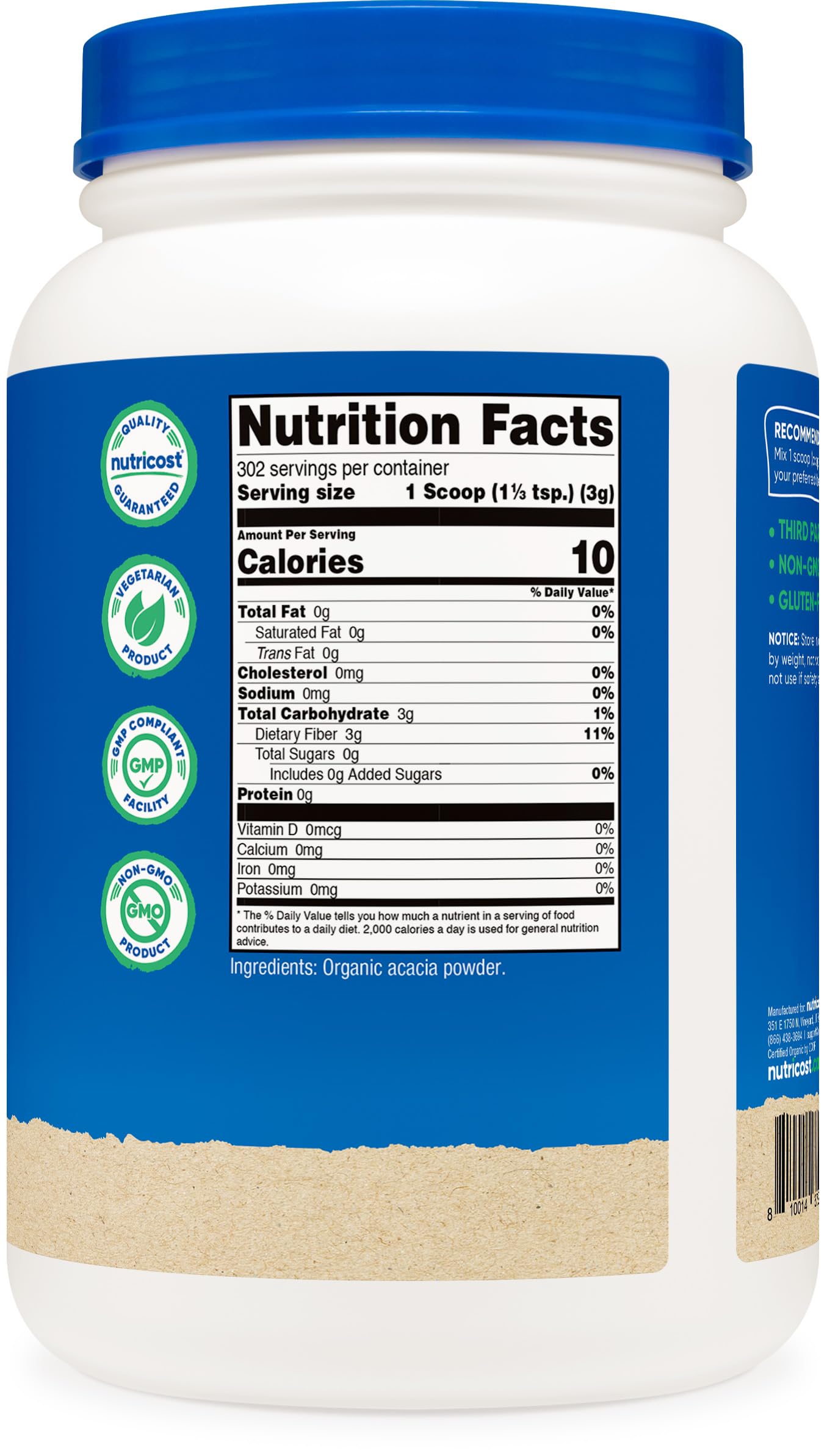 Nutricost fibra de acacia orgánica, adecuada para gluten y dietas vegetarianas.