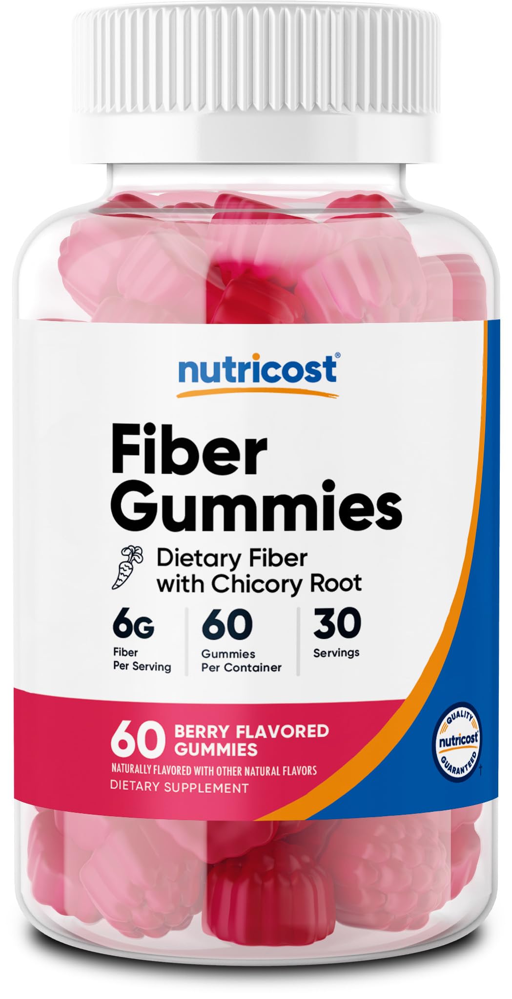 Nutricost gomitas de fibra frasco visto de frente, aporte diario de fibra.