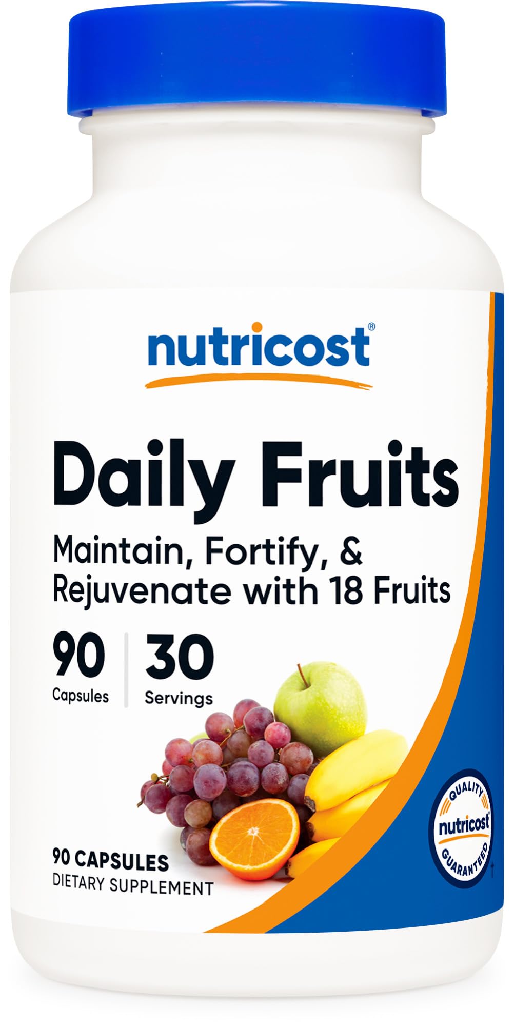 Nutricost Frutas Diarias en botella, cápsulas fáciles de incorporar a la rutina diaria.