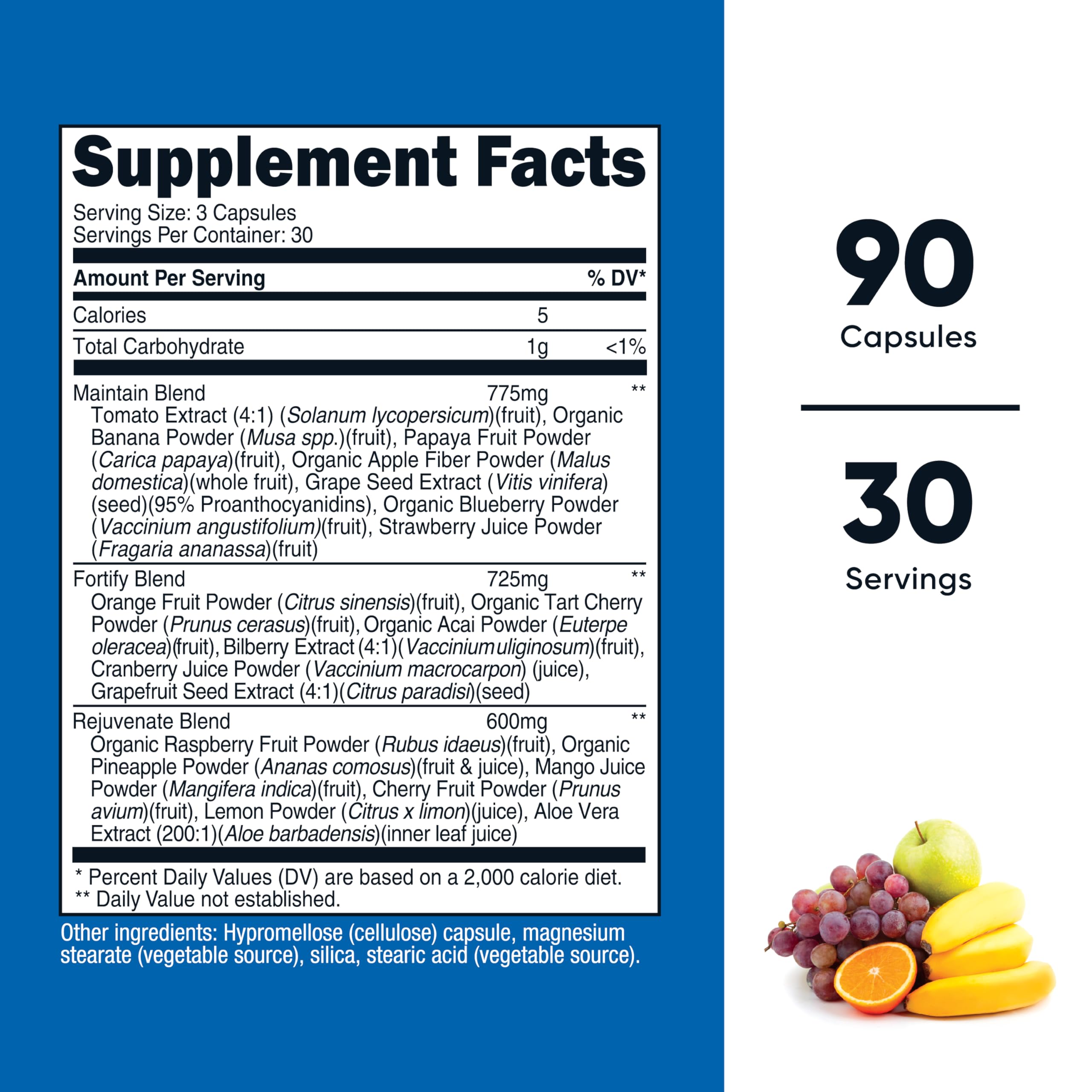 Nutricost Frutas Diarias, cápsulas fáciles de tragar para apoyar una dieta equilibrada.