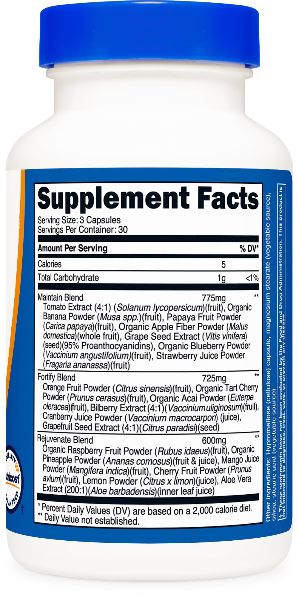 Nutricost Frutas Diarias, mezcla de 18 frutas con color y aroma agradable.