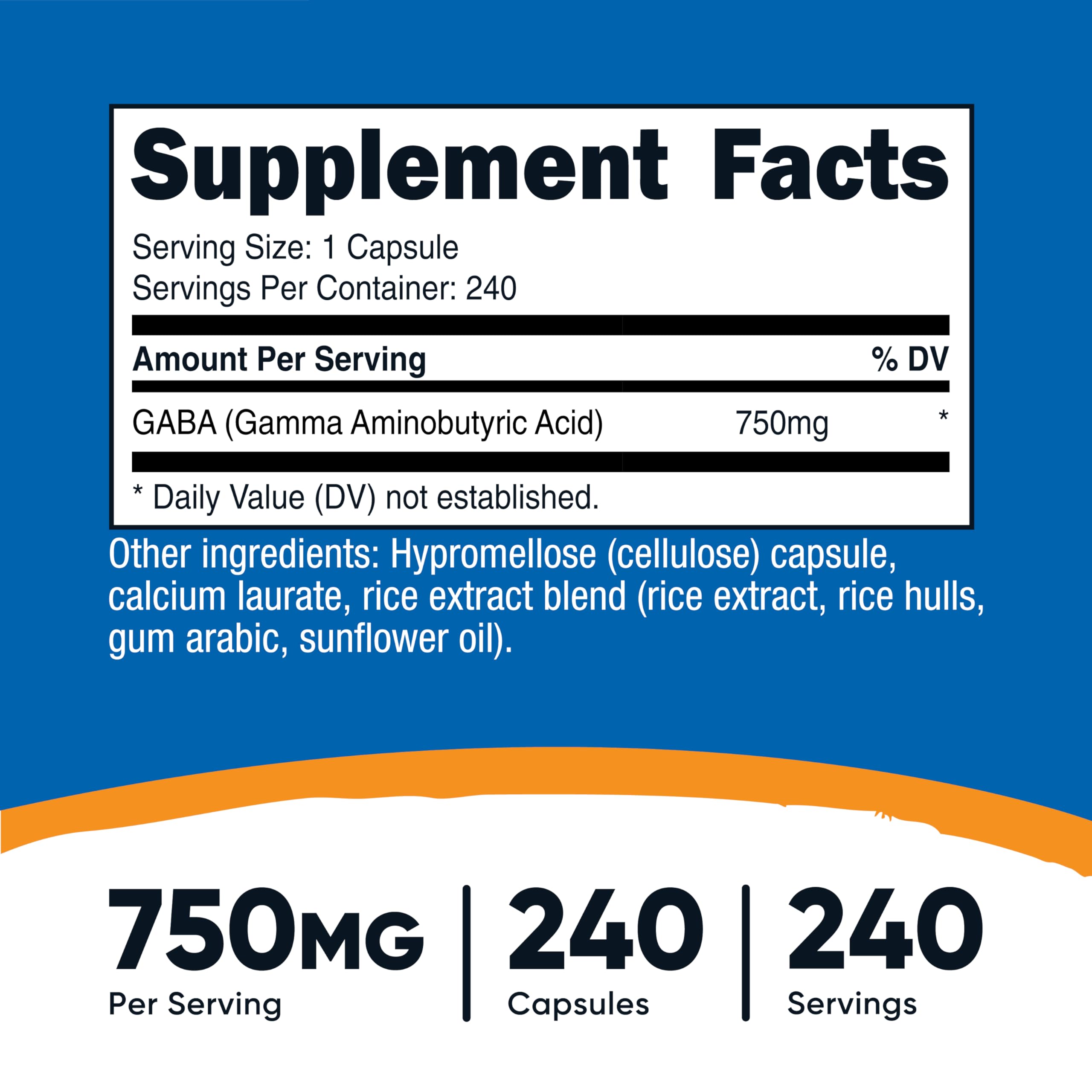 Nutricost GABA 750 mg envase: vegetariano, sin gluten y sin GMO para dietas sensibles
