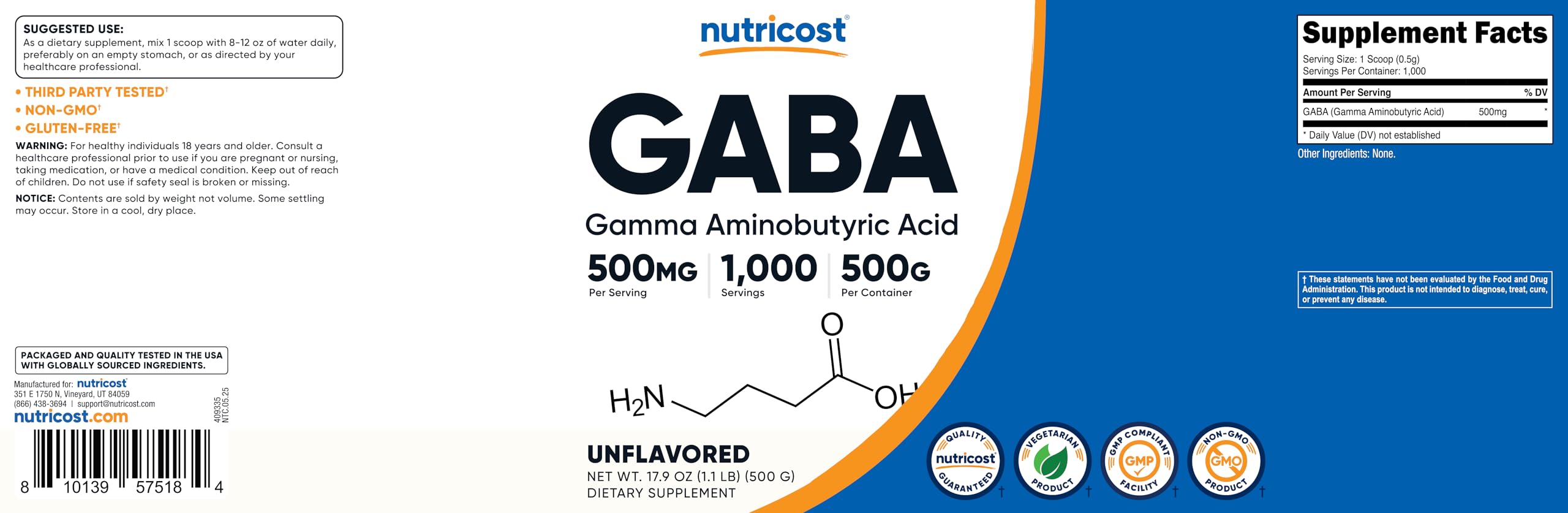 Nutricost GABA puro 500g, fabricación conforme BPM y registrada ante FDA