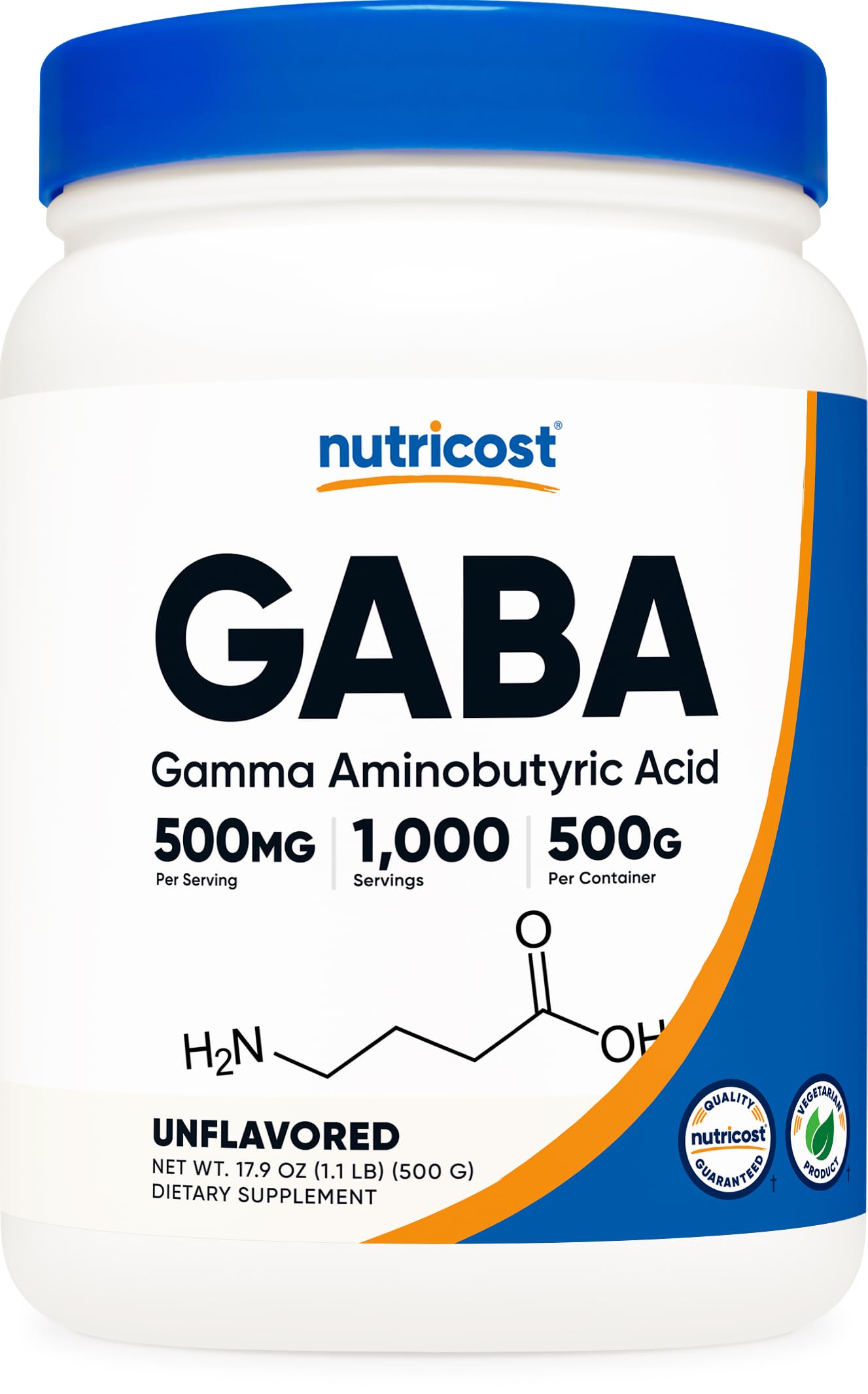 Nutricost GABA puro 500g en polvo, textura neutra para uso diario