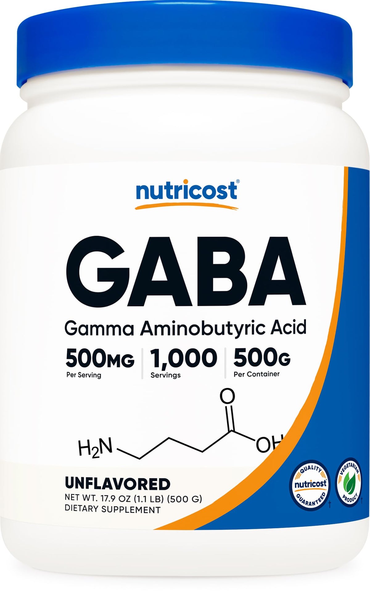 Nutricost GABA puro 500g en polvo, textura neutra para uso diario