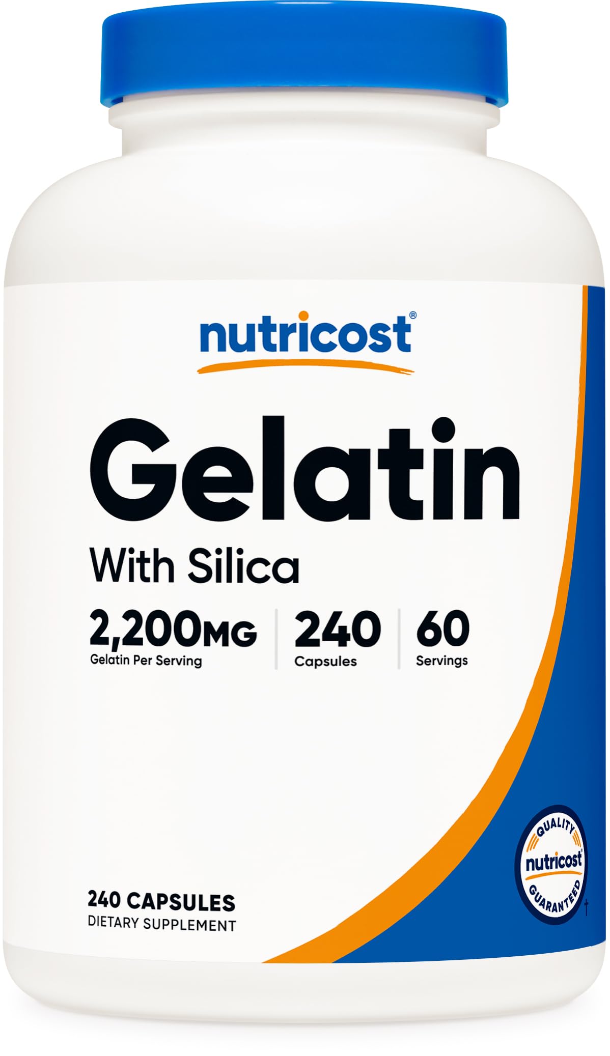 Nutricost gelatina con silice, bote de cápsulas, ideal para una rutina diaria sin gluten.