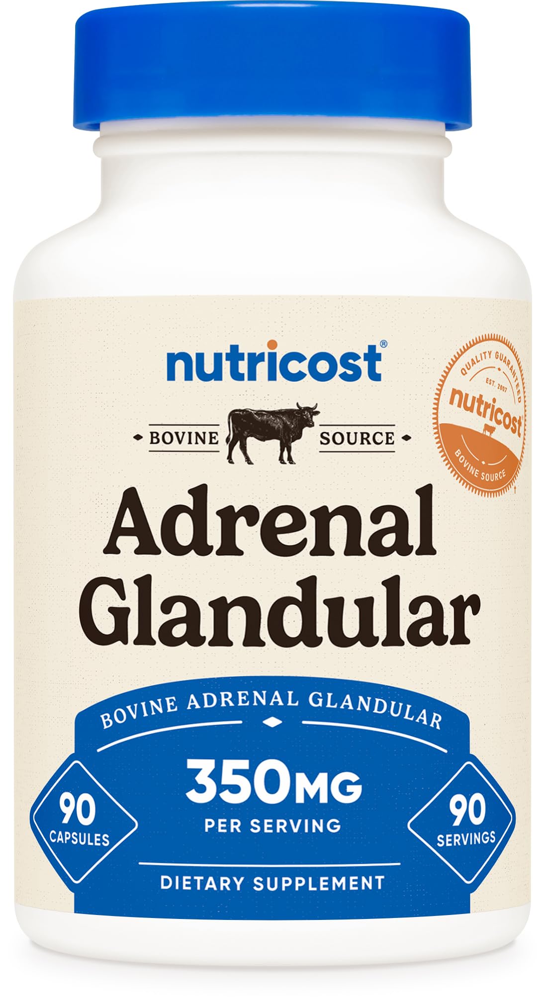 Nutricost glándula adrenal cápsulas, botella frontal para uso diario.