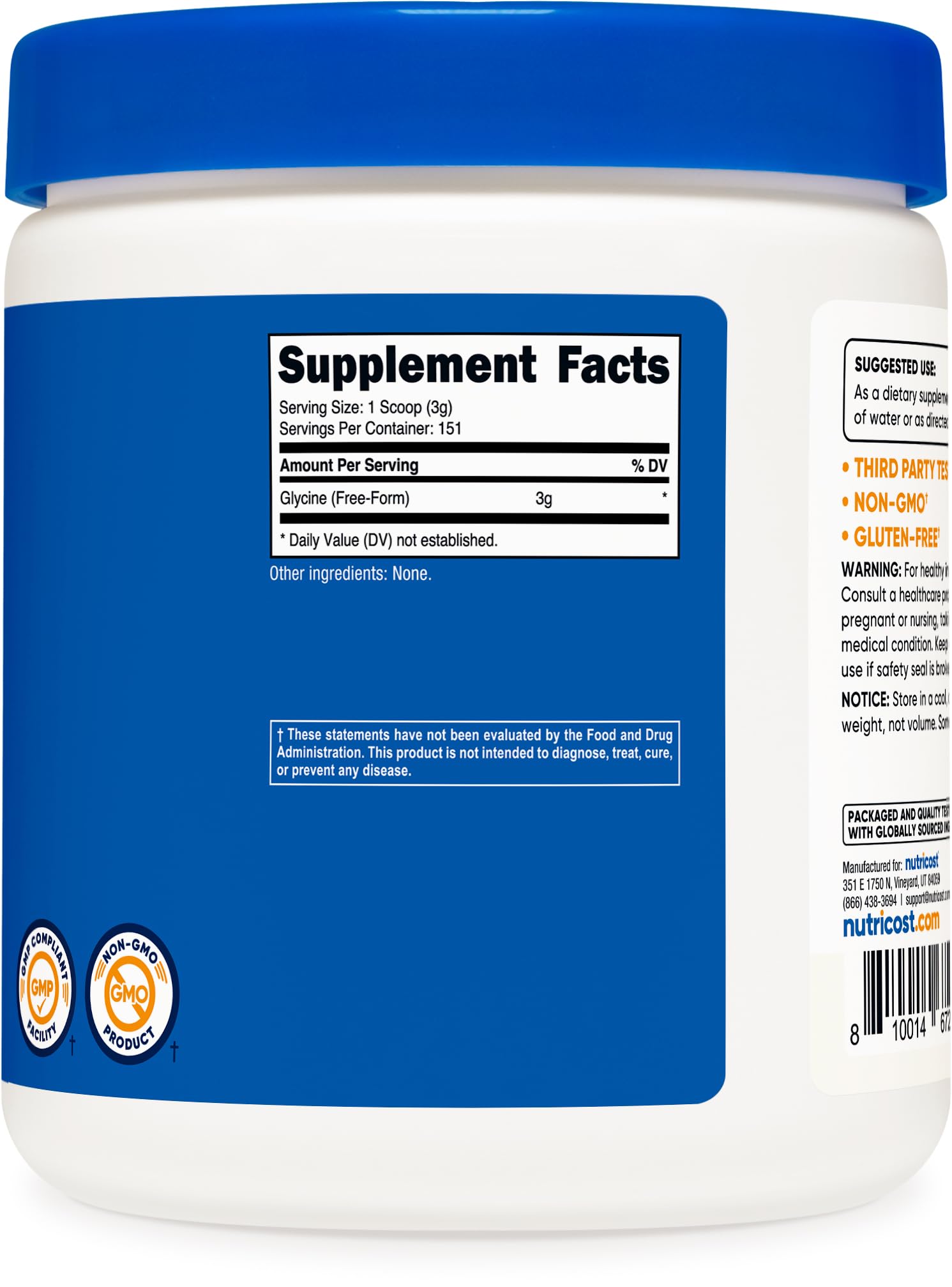 Empaque de Nutricost Glicina para almacenamiento seguro.