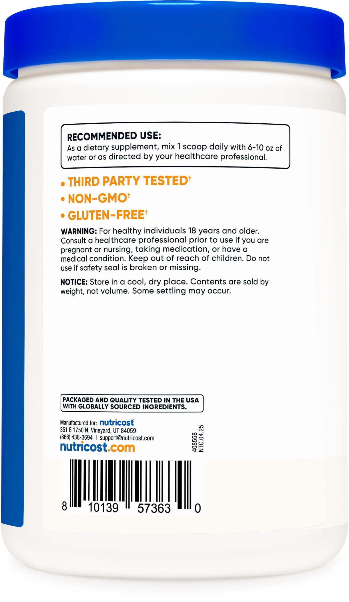 Nutricost glucomanano, etiqueta sin gluten y libre de OGM