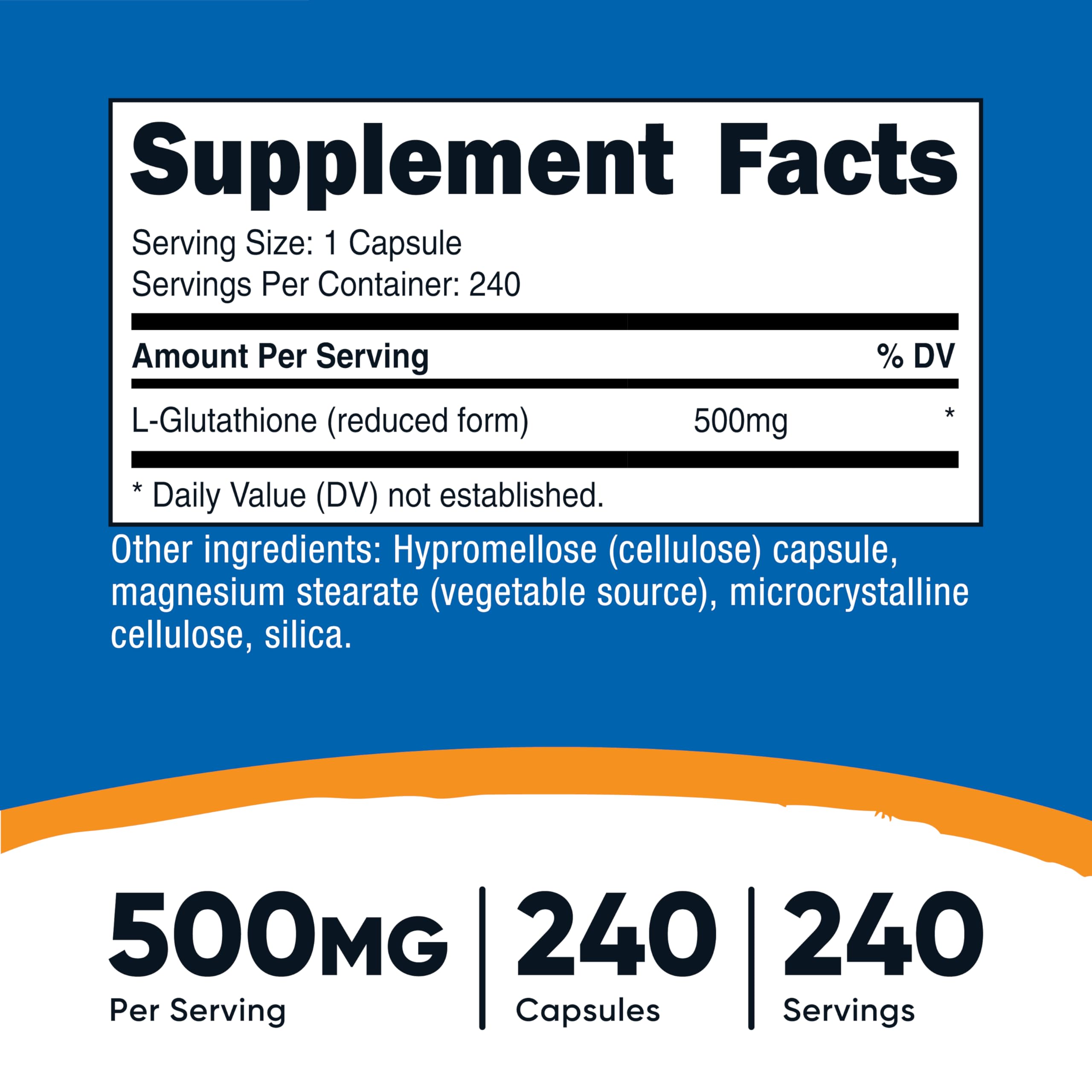 Nutricost Glutatión, cápsulas, botella vista posterior con información de seguridad.