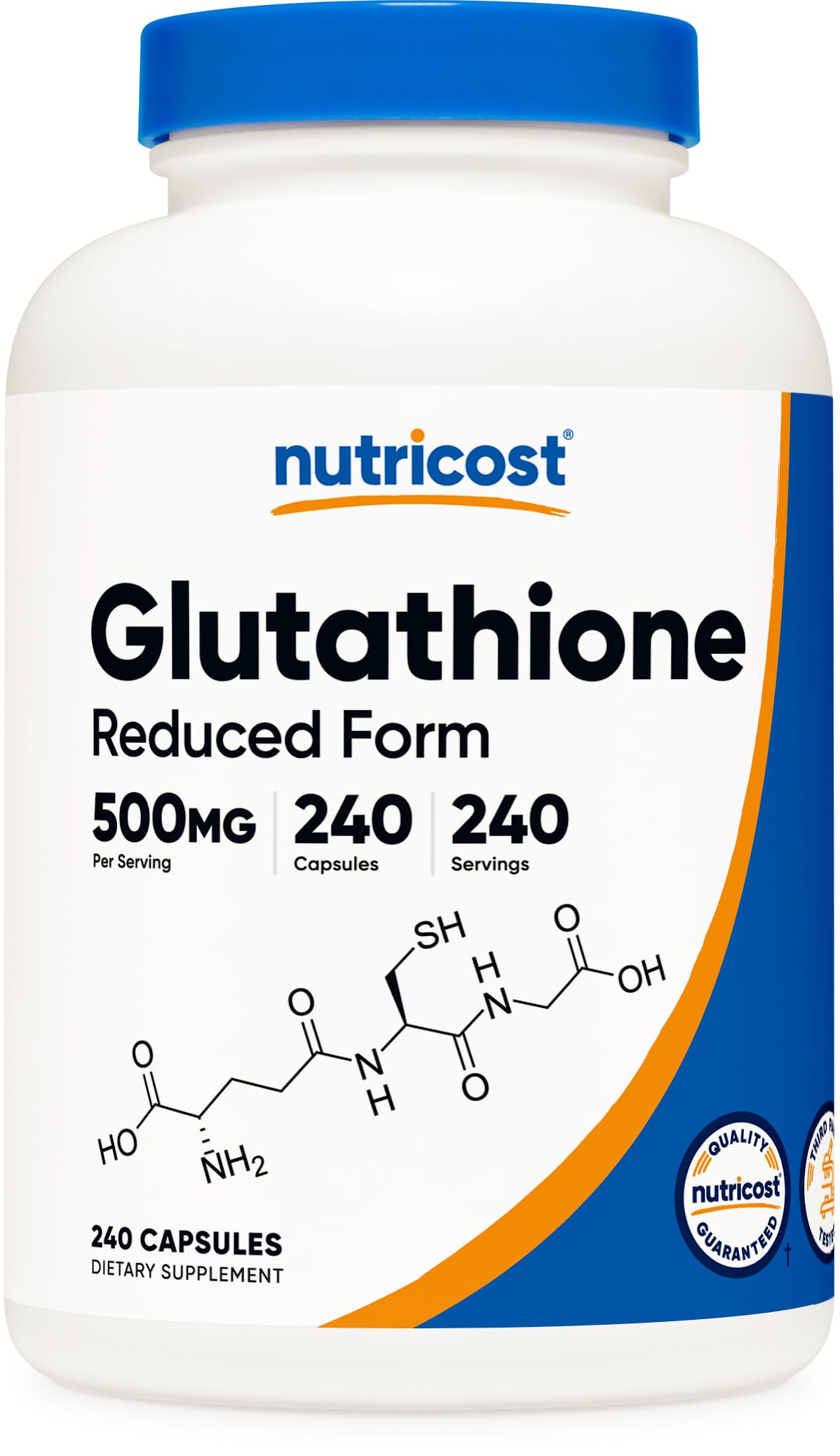 Nutricost Glutatión, cápsulas, botella frente, 240 dosis para uso diario.