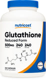 Nutricost Glutatión, cápsulas, botella frente, 240 dosis para uso diario.