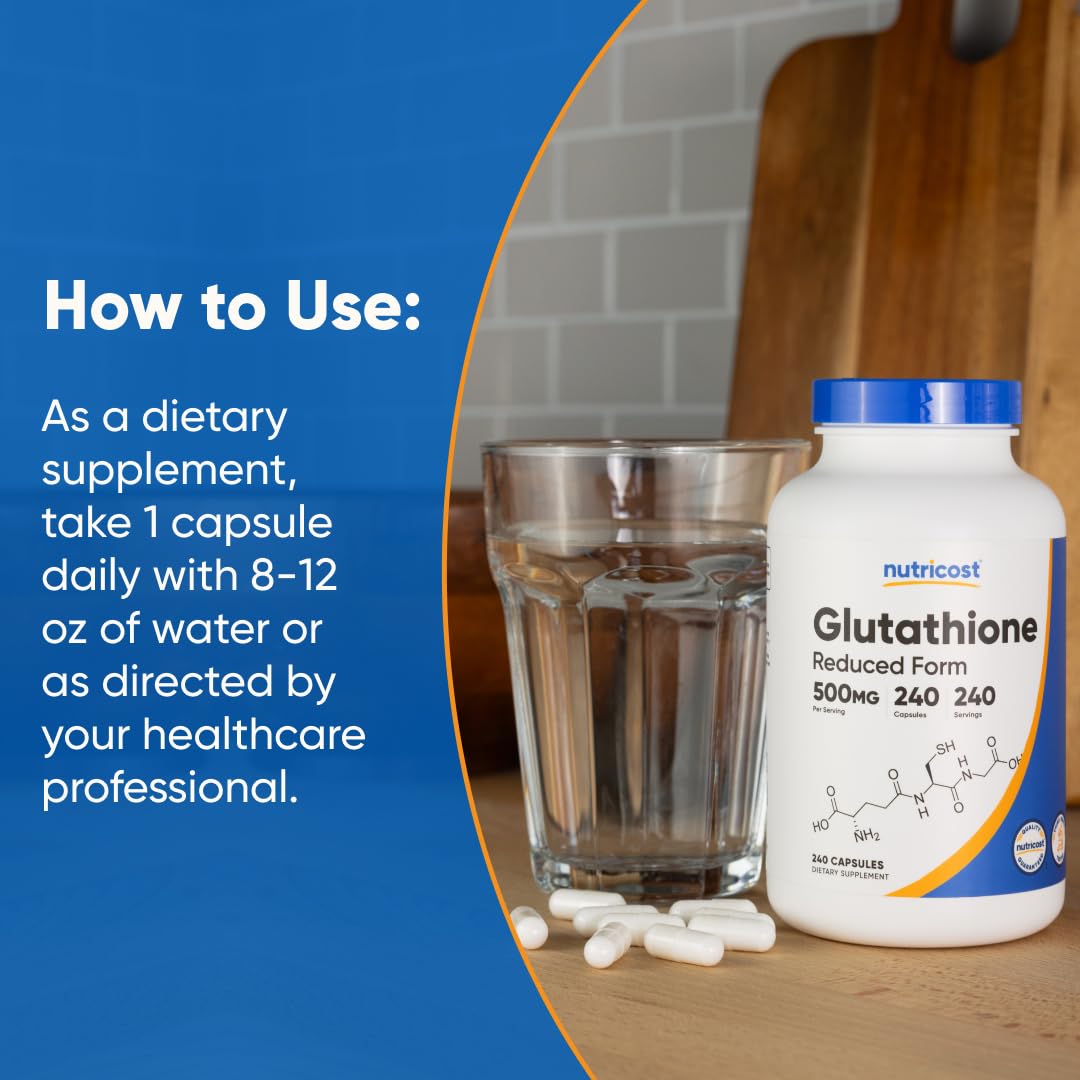 Nutricost Glutatión, cápsulas con sello GMP, fabricación confiable.