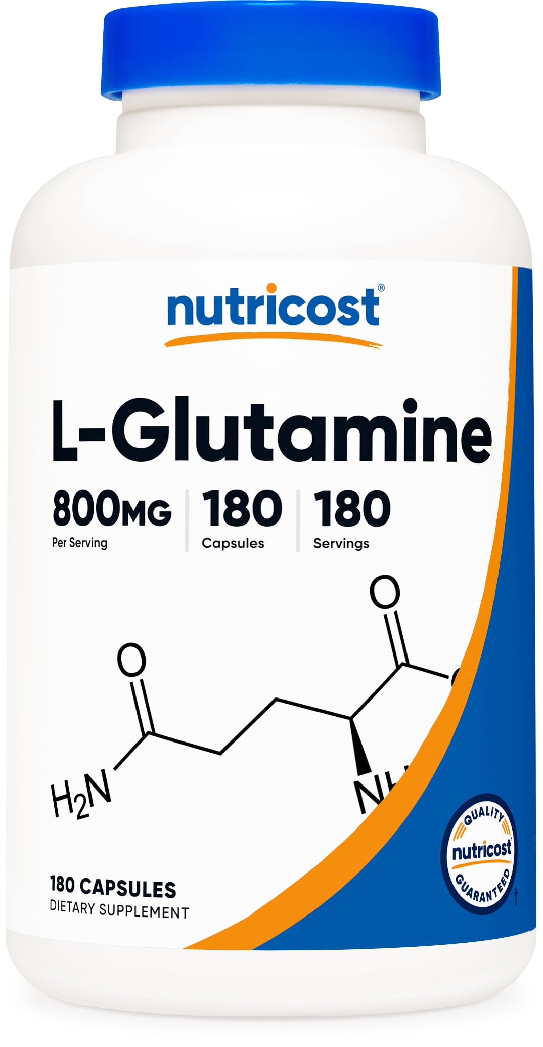 Nutricost L-Glutamina 800mg en botella, ideal para uso diario.