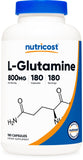 Nutricost L-Glutamina 800mg en botella, ideal para uso diario.