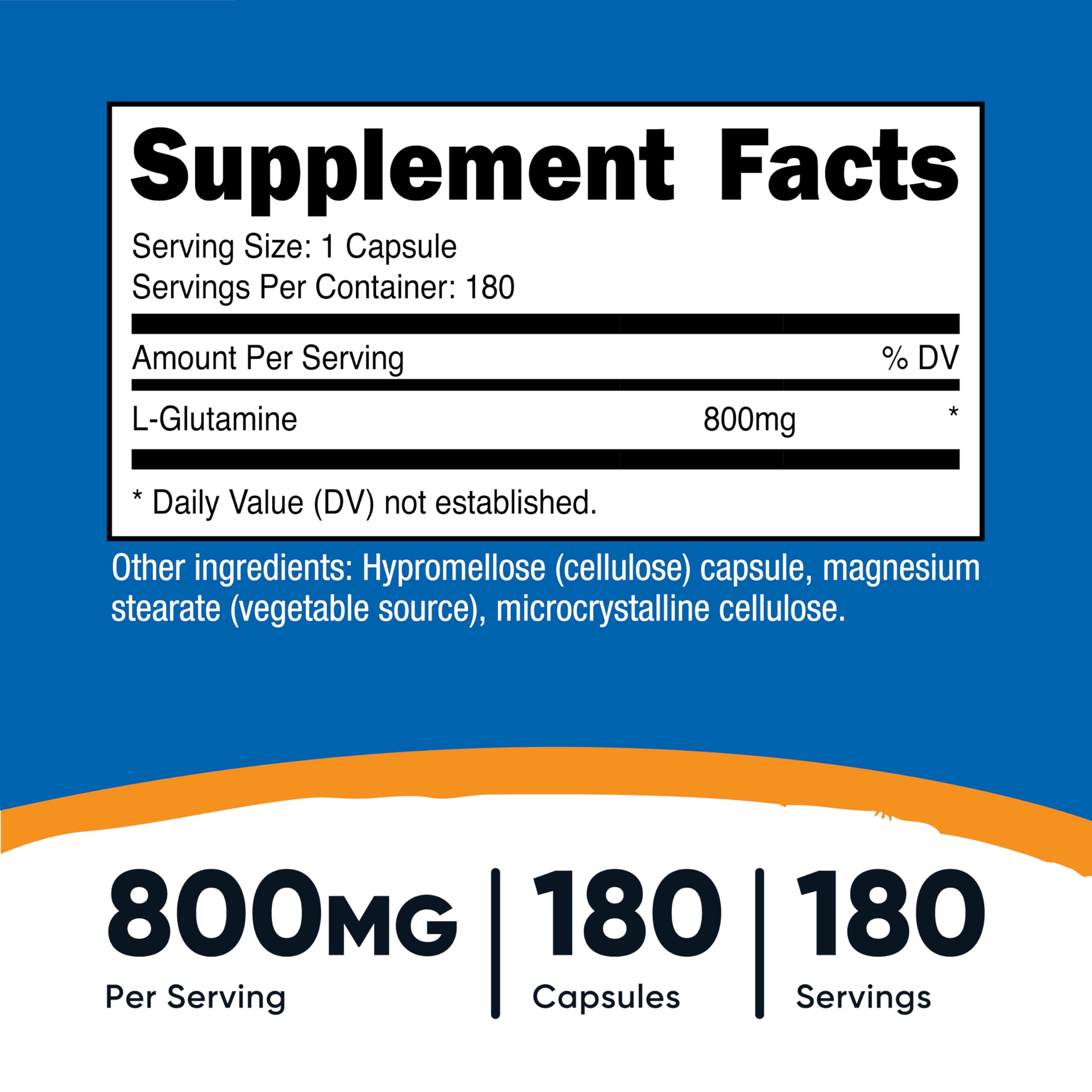 Nutricost L-Glutamina 800mg en cápsulas para ingesta diaria.