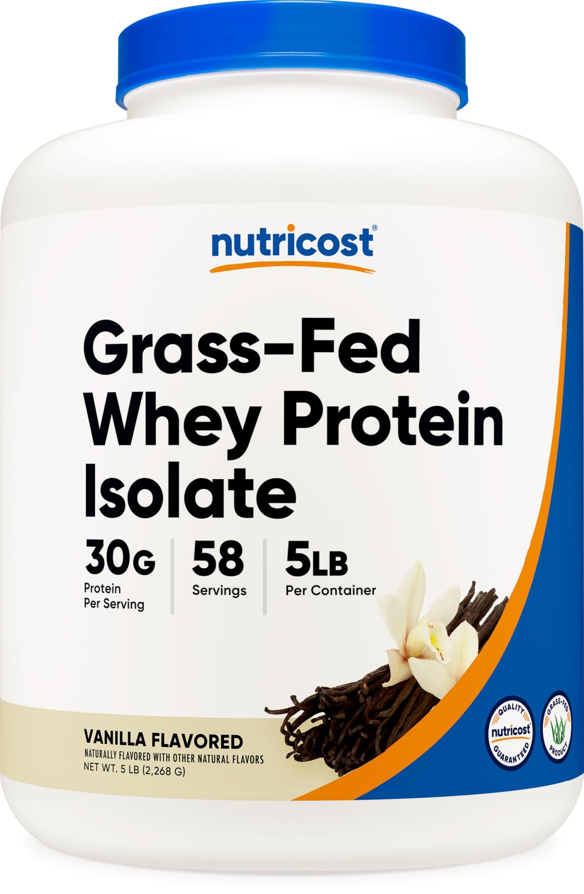 Nutricost grass-fed whey protein isolate vanilla 5lb bottle for post workout shakes