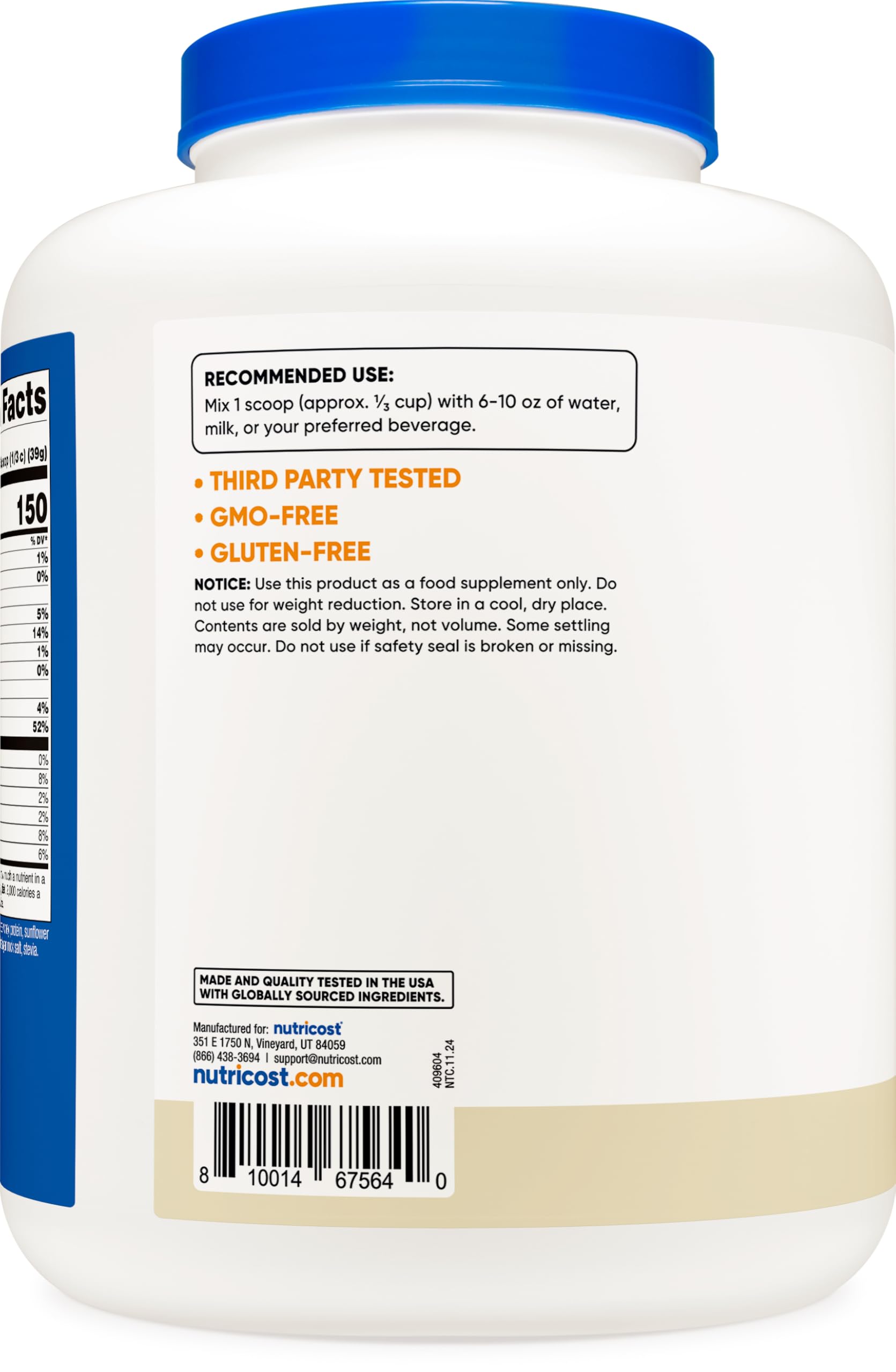 Nutricost grass-fed whey protein isolate vanilla scoop in a sealed container