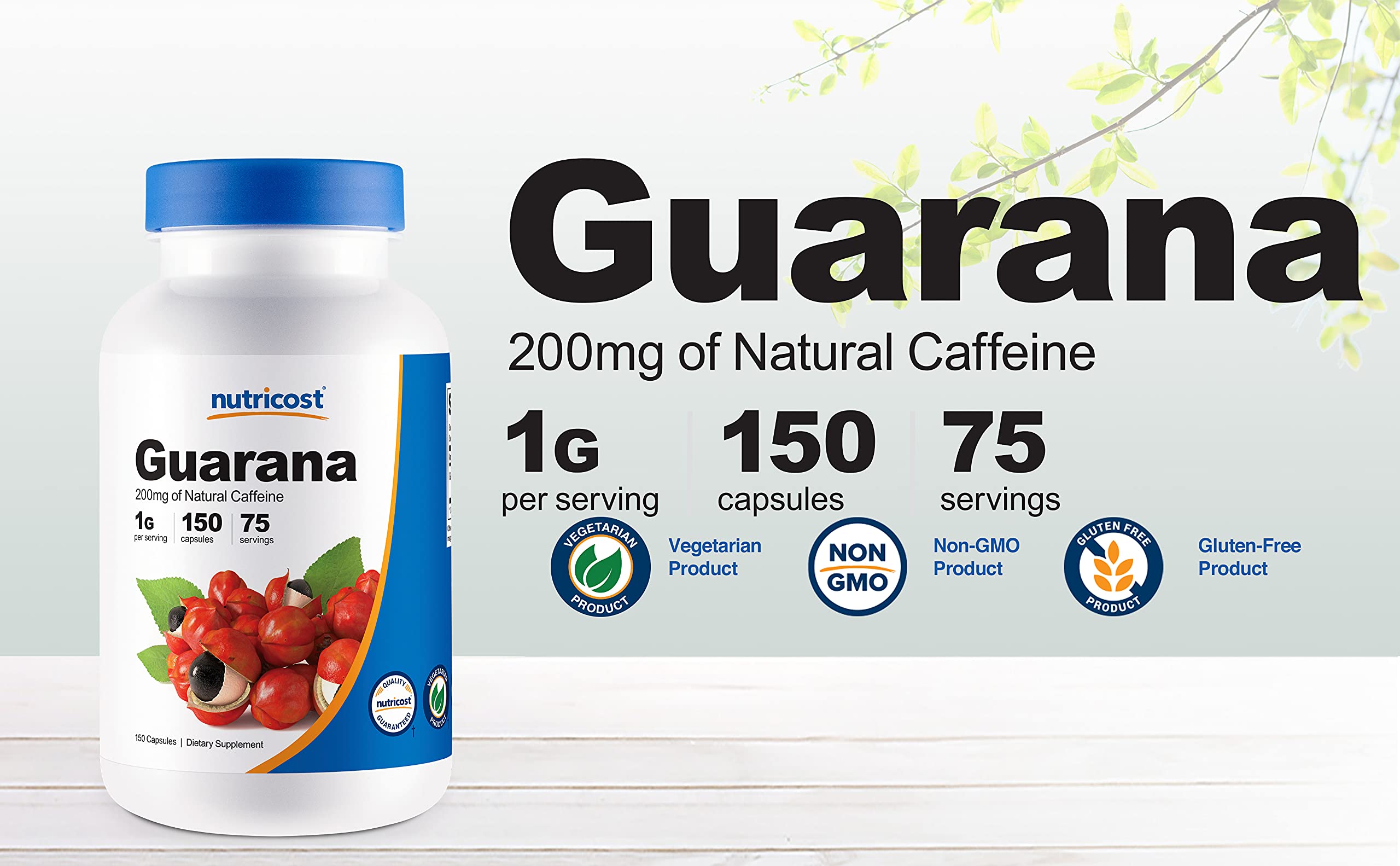 Nutricost Guaraná cápsulas alineadas listas para consumo diario.