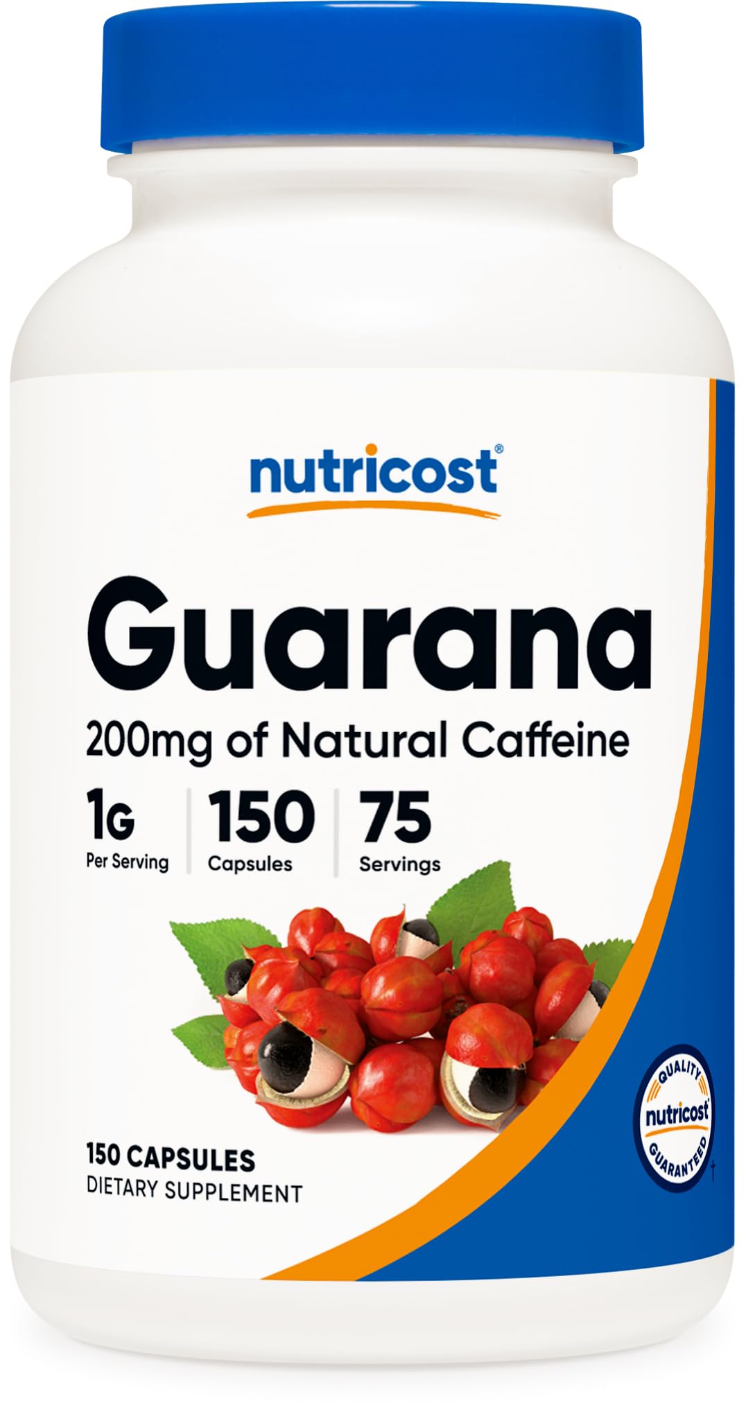 Nutricost Guaraná cápsulas frente a la botella para energía diaria natural.
