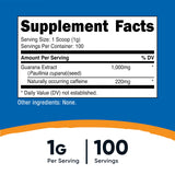 Nutricost Guaraná Extracto Polvo con cuchara medidora para dosis fáciles.