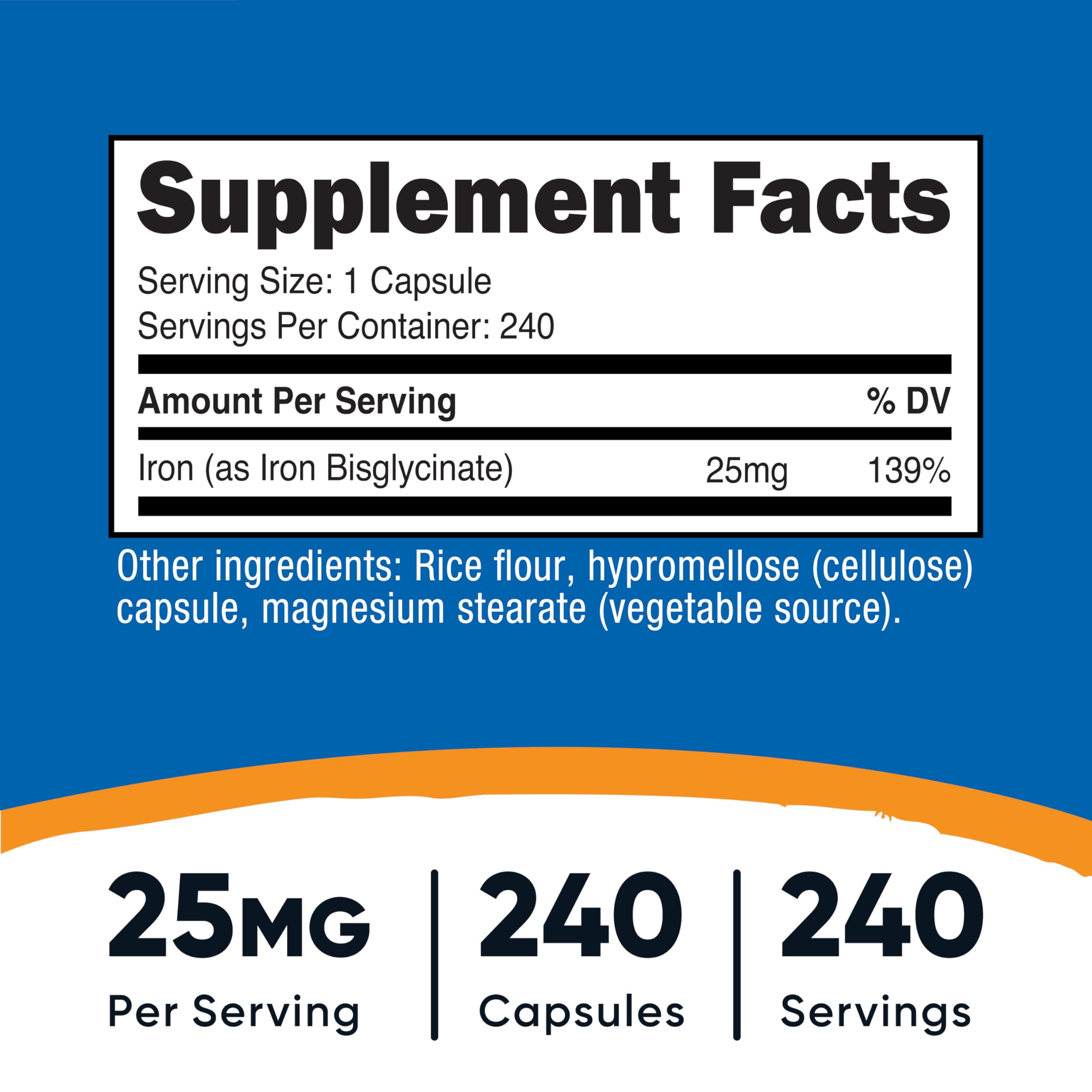 Nutricost Hierro Bisglicinato 25 mg – cápsulas de biodisponibilidad mejorada para consumo diario.