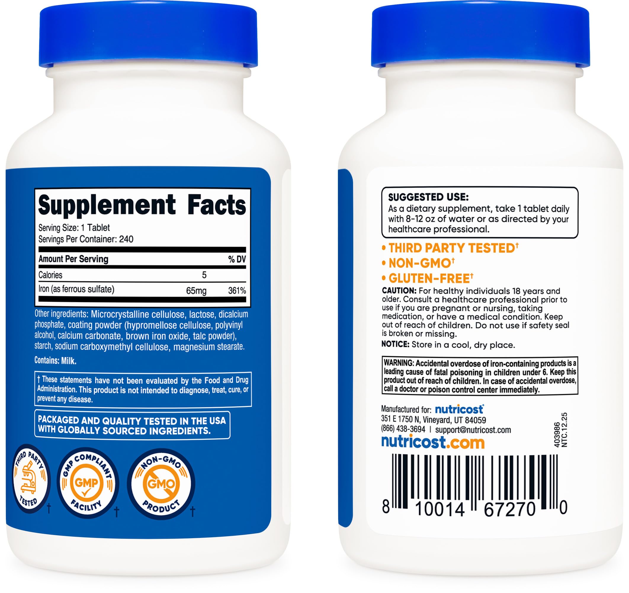 Empaque Nutricost, 240 tabletas para suministro prolongado