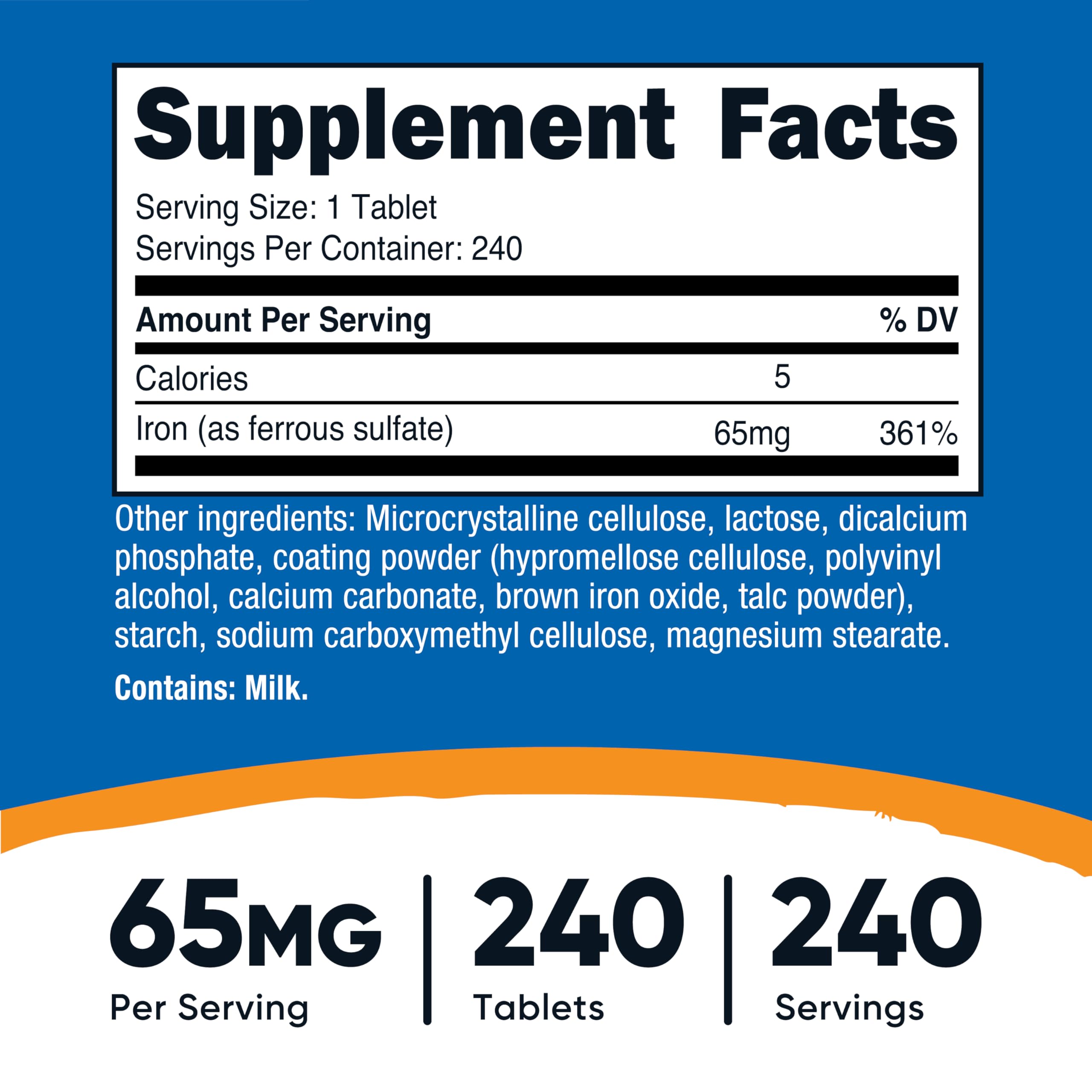 Etiqueta Nutricost de hierro 65 mg con información de dosis