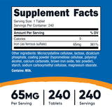 Etiqueta Nutricost de hierro 65 mg con información de dosis