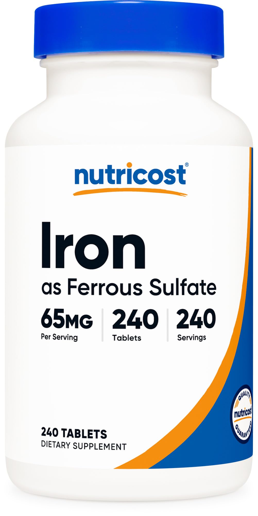 Nutricost Hierro 65 mg frente a la botella, apoyo diario