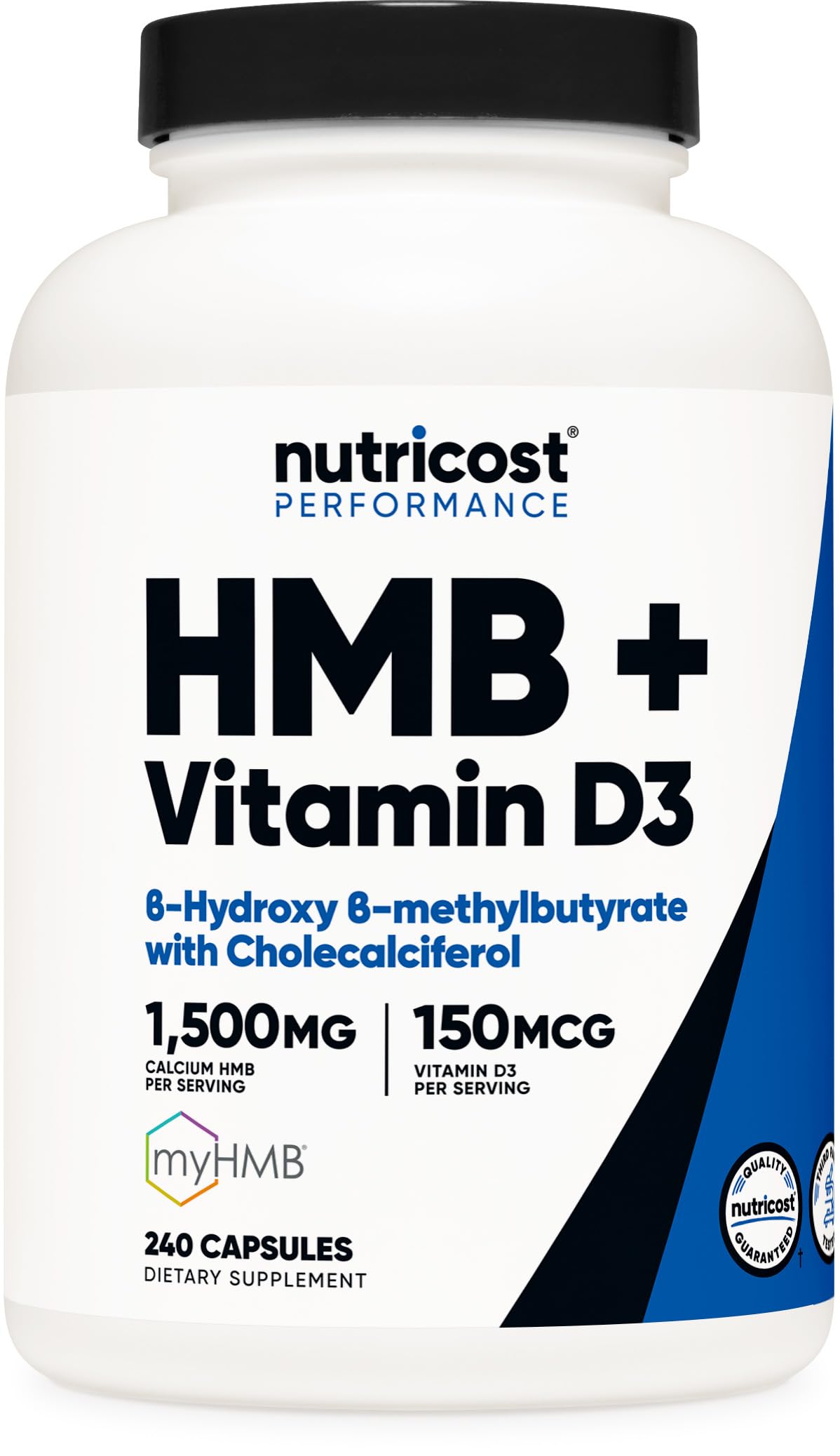 Nutricost HMB D3 – botella frente: envase claro para rutina diaria de entrenamiento.