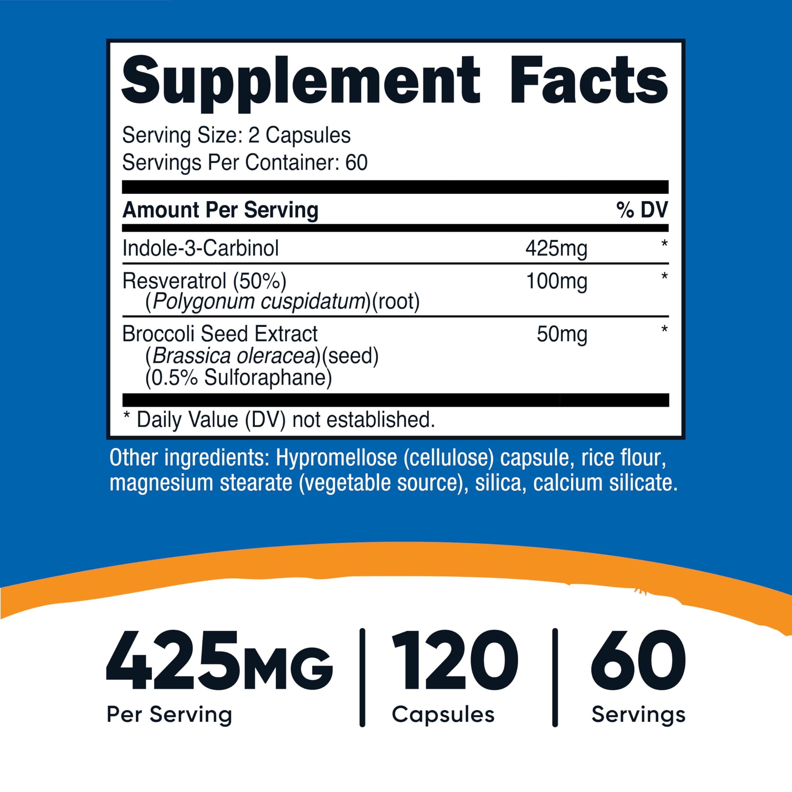 Nutricost Indole-3-Carbinol, etiqueta trasera, información clara de porciones y uso