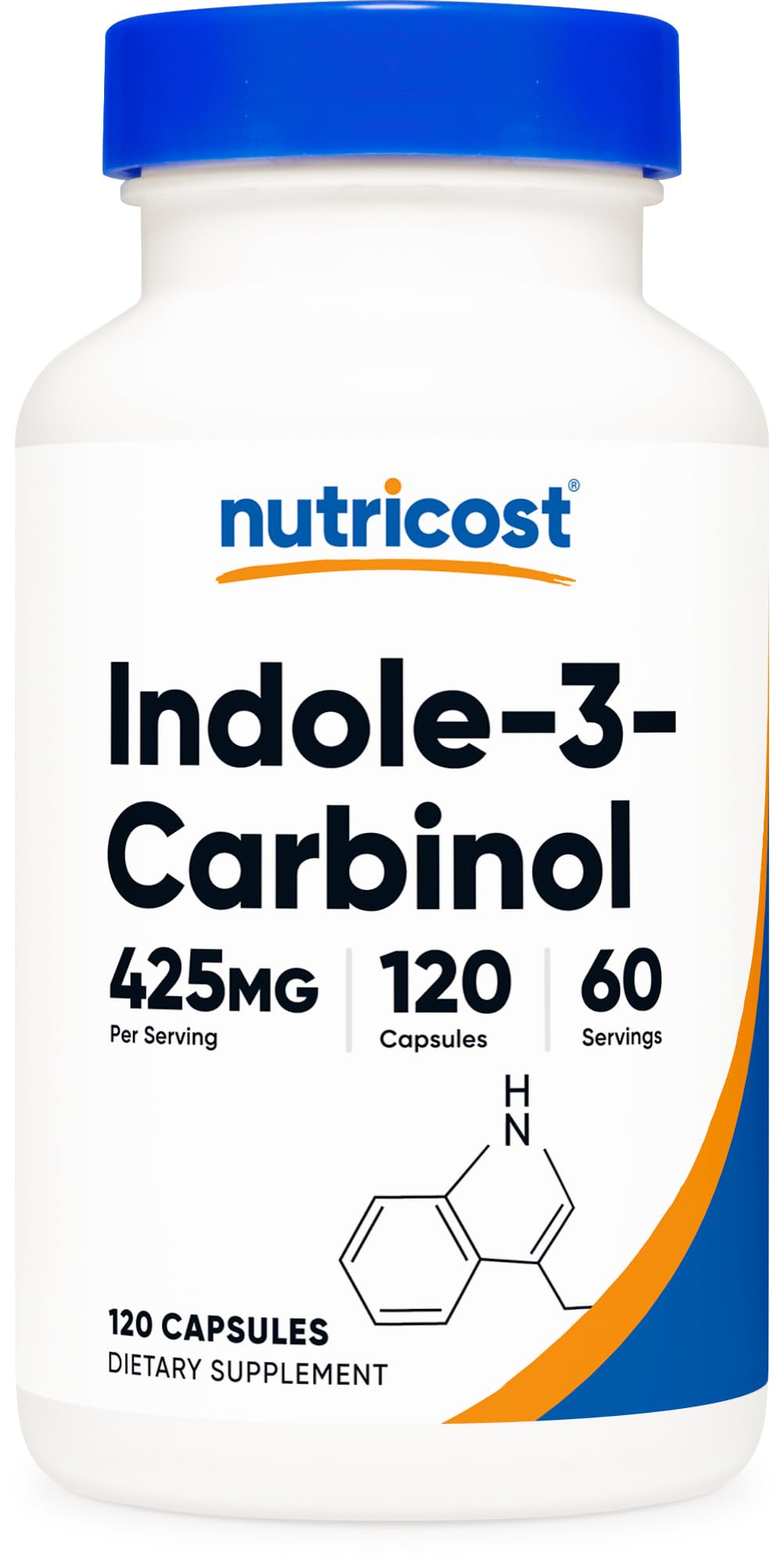 Nutricost Indole-3-Carbinol, botella frontal, posible apoyo al bienestar hormonal femenino