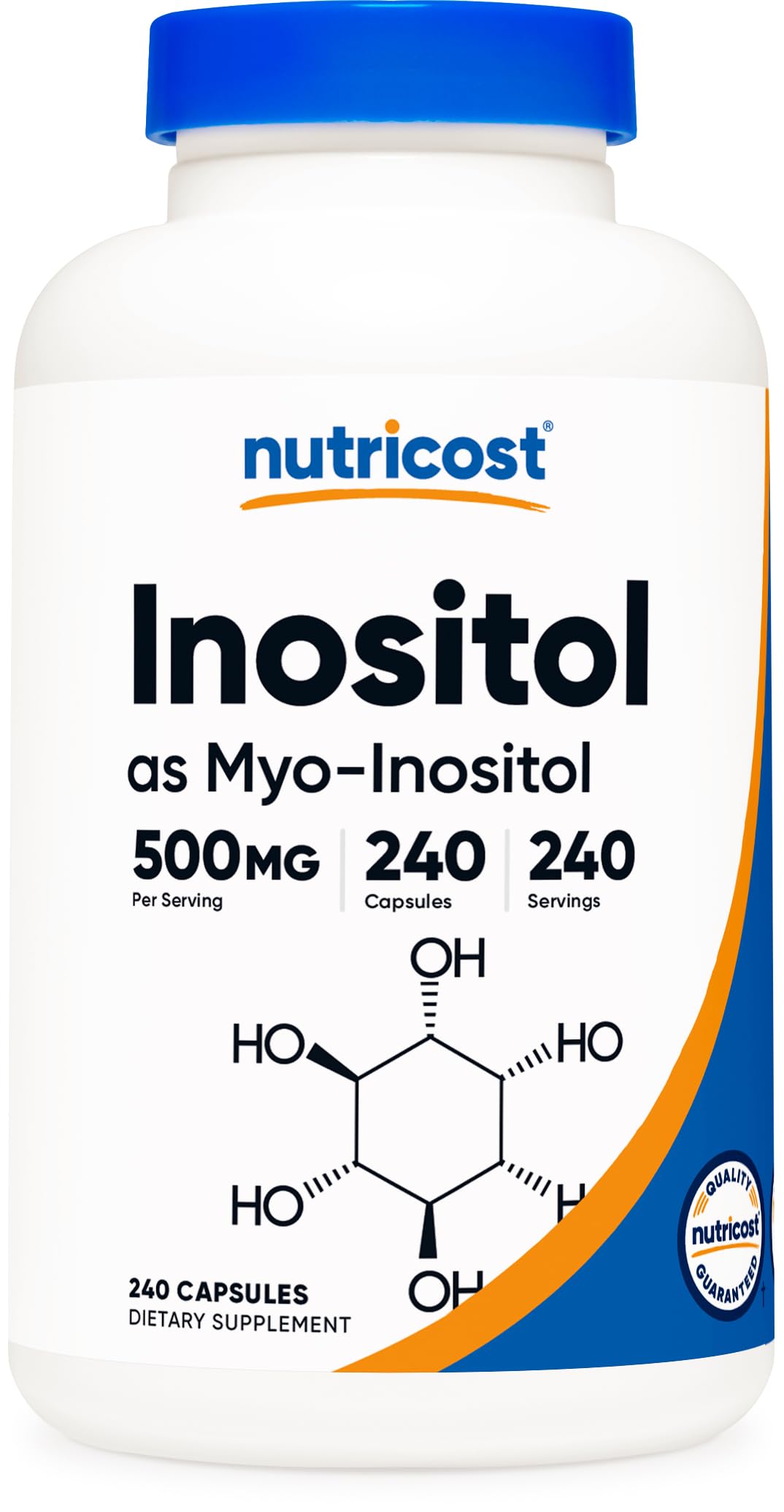 Nutricost Inositol 500 mg en botella, uso diario cómodo.