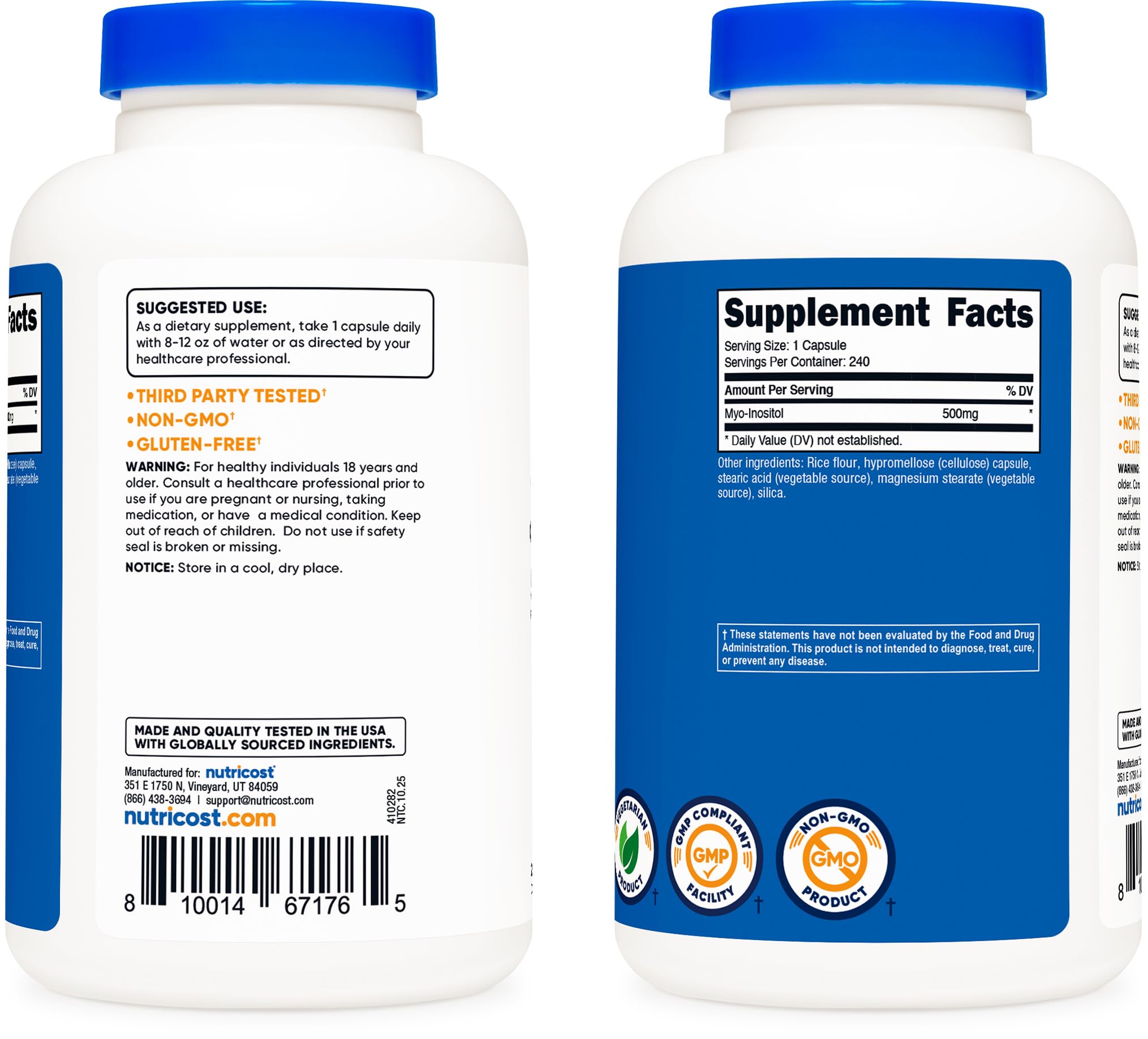 Cápsula vegetariana Nutricost Inositol, opción apta para dietas.