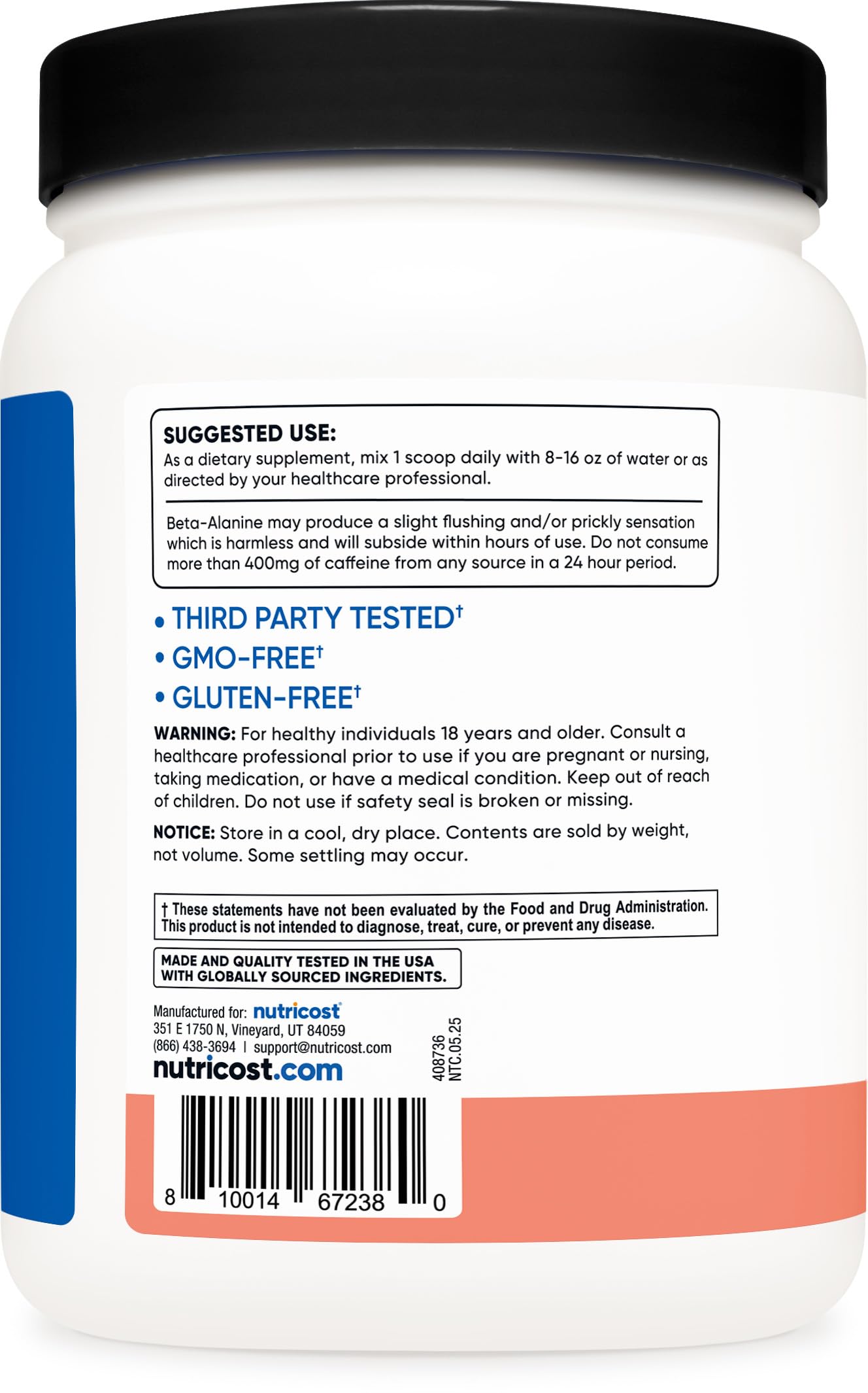 Nutricost Intra-Workout pote 30 porciones, uso diario conveniente.
