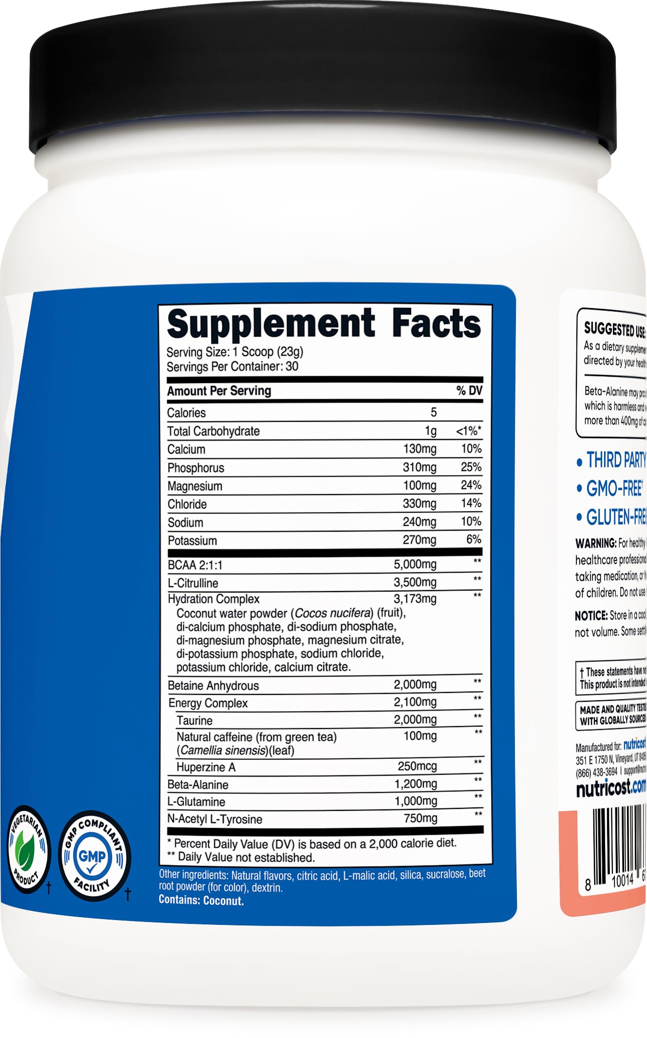 Nutricost Intra-Workout etiqueta libre de OMG, opción segura para entrenamientos.