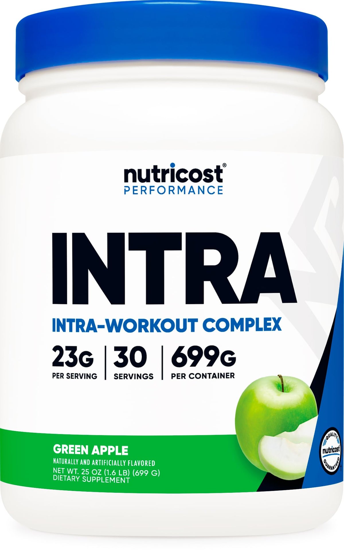 Nutricost intraentrenamiento polvo manzana verde en botella, ideal para energía durante entrenos.