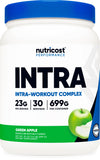 Nutricost intraentrenamiento polvo manzana verde en botella, ideal para energía durante entrenos.