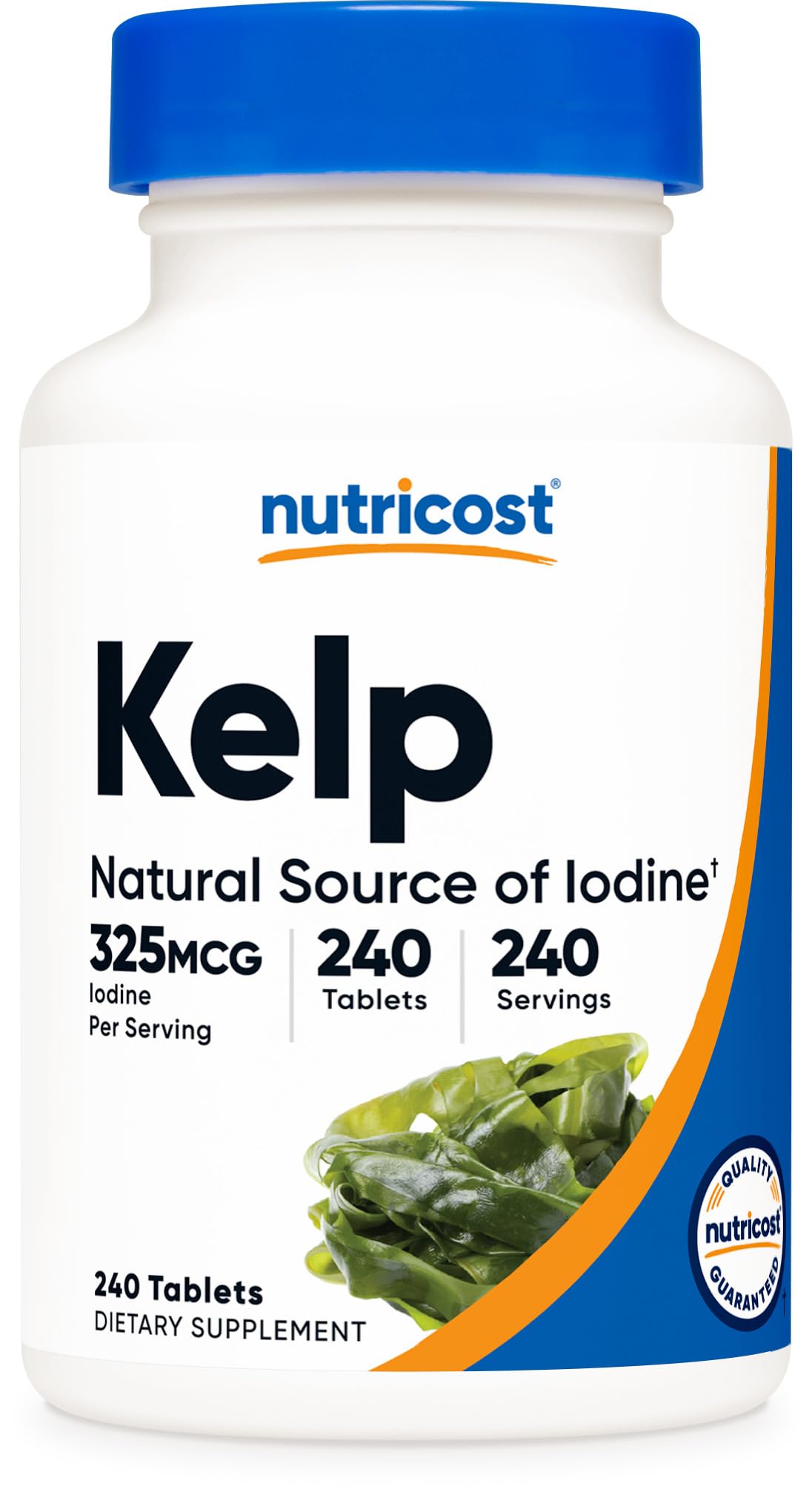 Nutricost Kelp Tablets: vista frontal de la botella para suplementación con yodo.