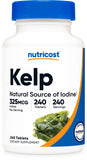 Nutricost Kelp Tablets: vista frontal de la botella para suplementación con yodo.