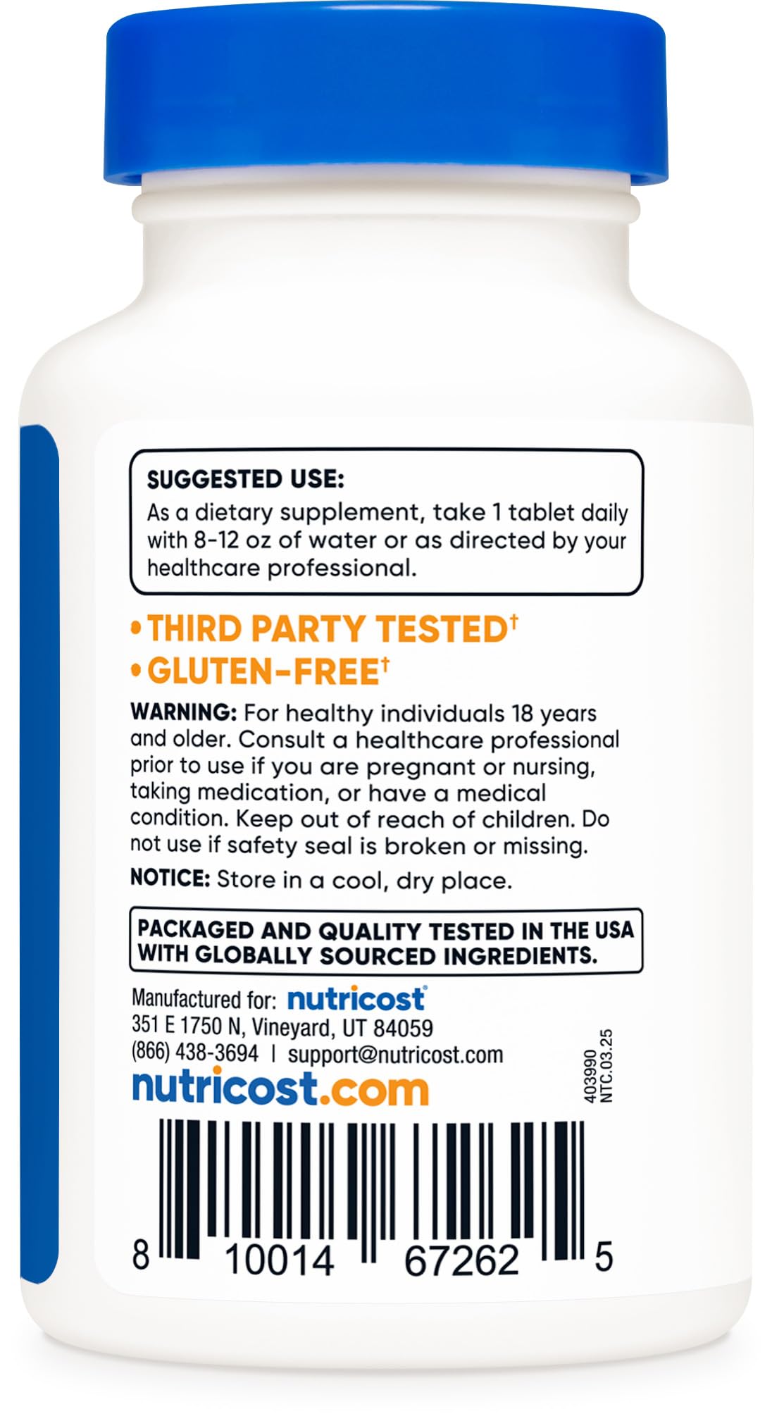 Nutricost Kelp Tablets: envase abierto mostrando tabletas para uso diario.