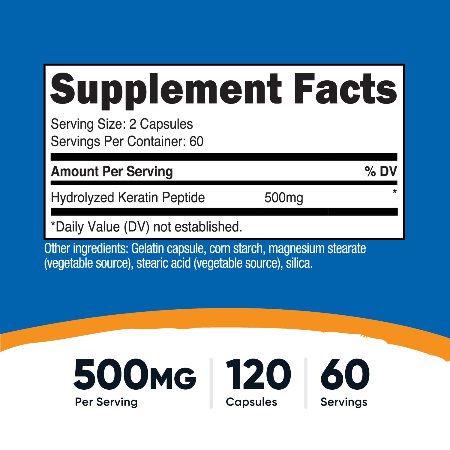 Nutricost Keratina Hidrolizada dosis de 500 mg por porción, práctico para 60 días