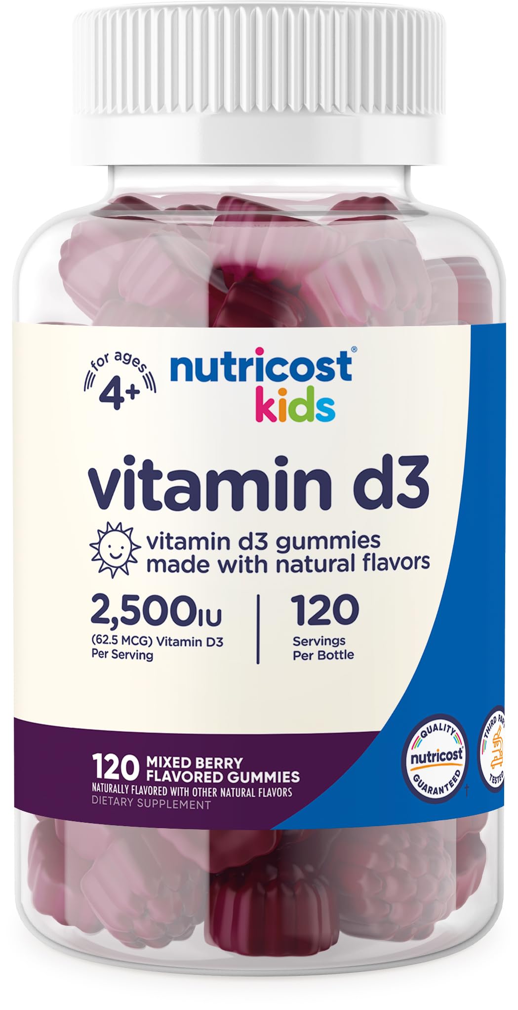 Gomitas Nutricost Kids D3 en frasco con tapa de seguridad para niños.