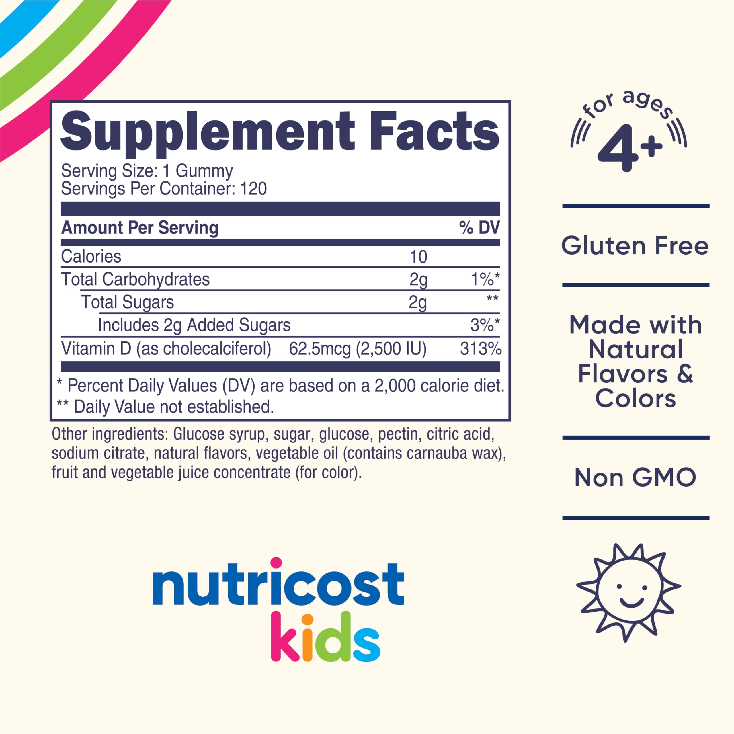 Etiqueta de Nutricost Kids D3 gomitas destacando sabor baya mixta.
