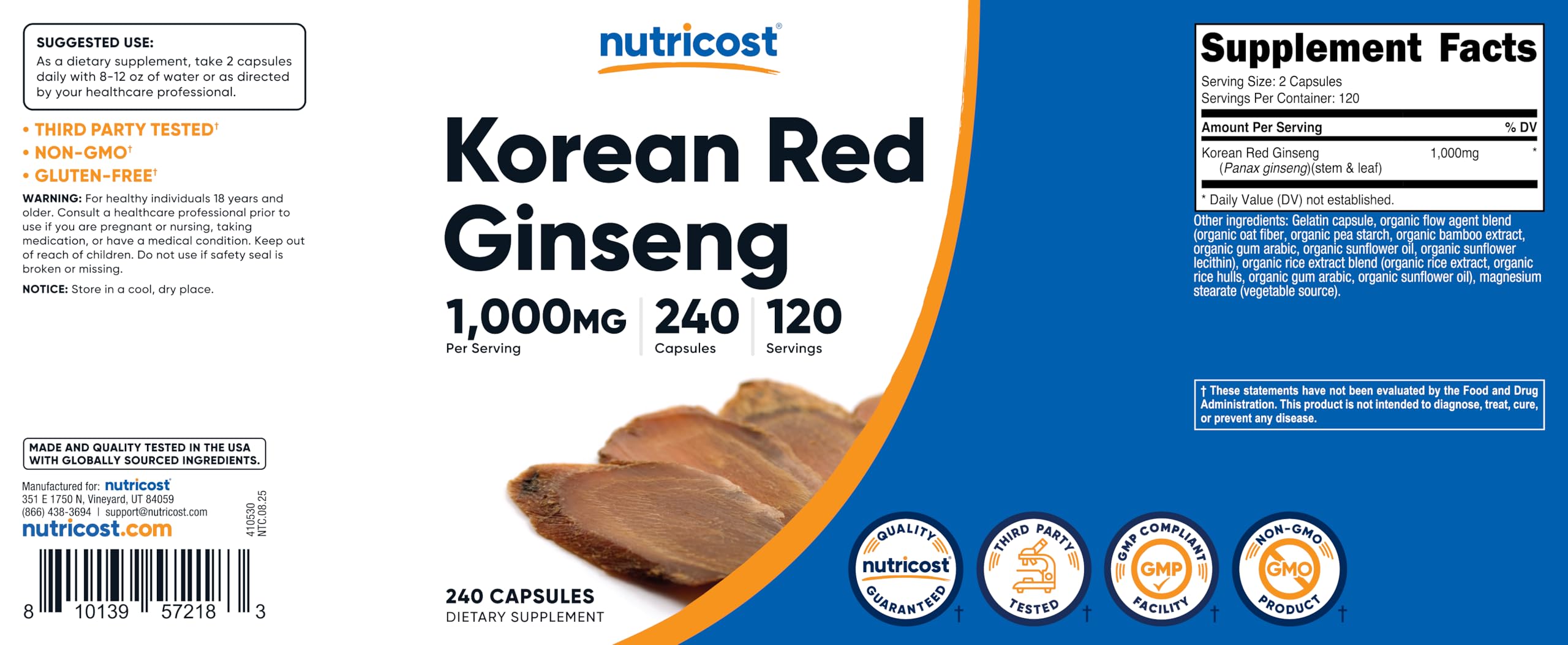 Nutricost Ginseng Coreano, botella de 120 porciones para la suplementación