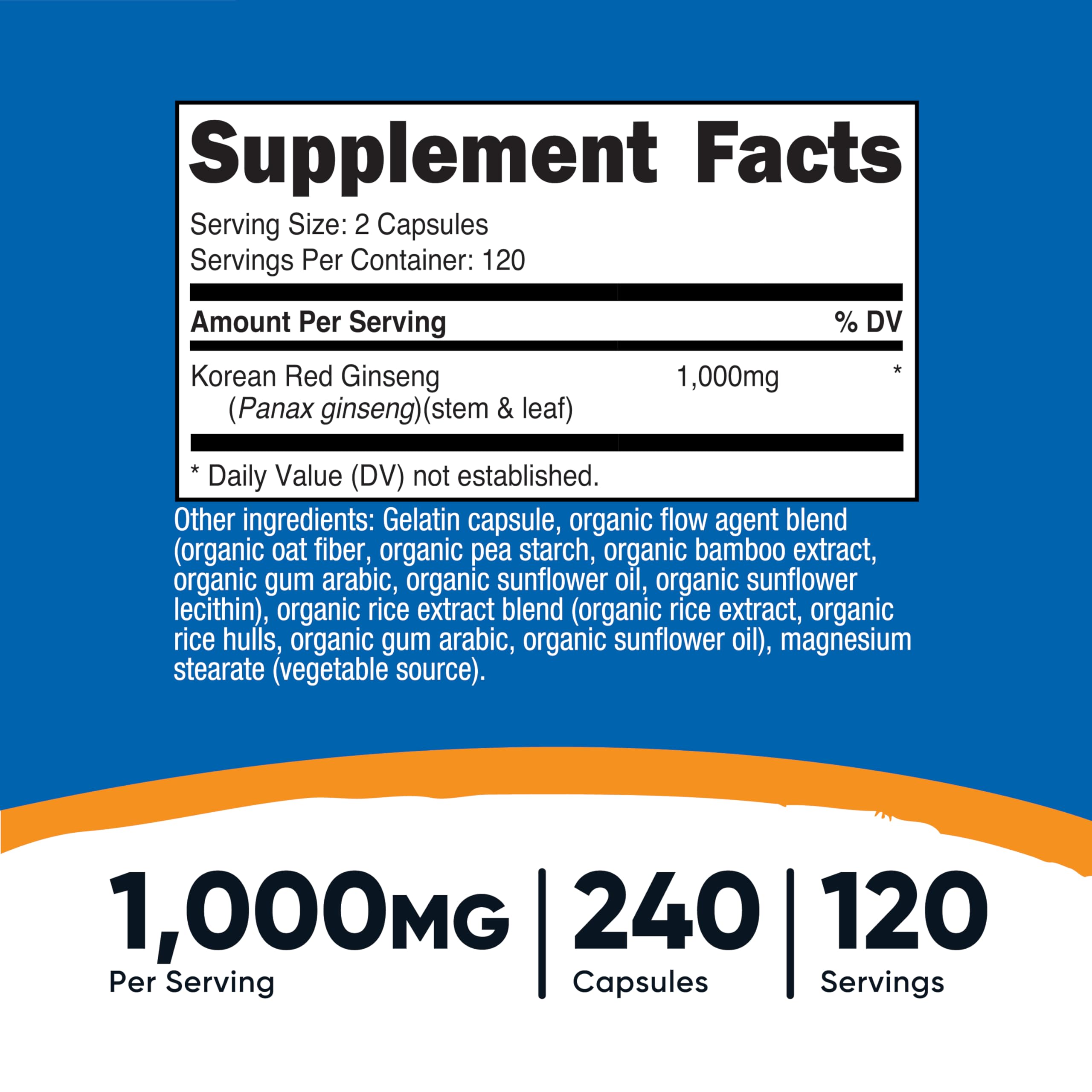 Nutricost Ginseng Coreano, cápsulas de 500 mg por toma