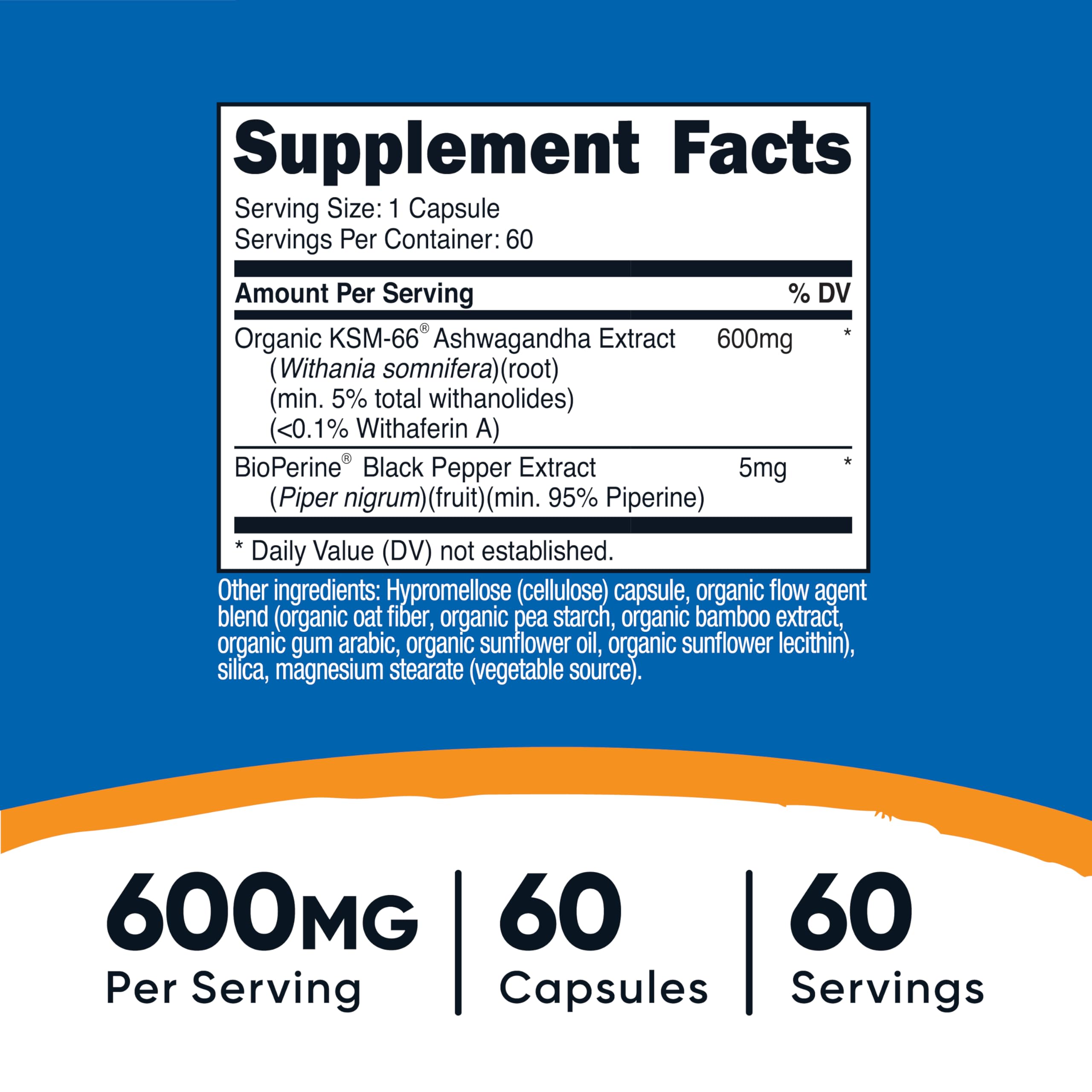 Nutricost KSM-66 Ashwagandha: etiqueta clara con datos del producto y beneficios posibles.